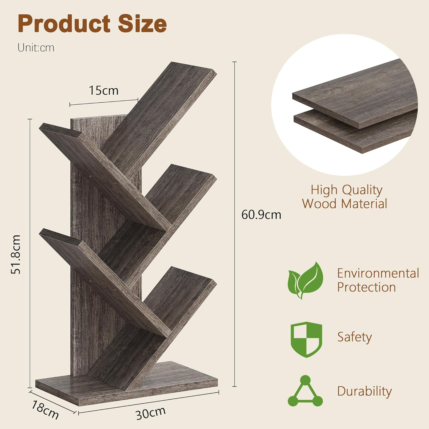 Hoctieon 4 Tier Tree Bookshelf, 4 Shelf Bookcase, Free Standing Tree Bookcase, Display Floor Standing Shelf for Books, Book Organizer Shelves for Home Office, Living Room, Bedroom, Grey image number 1