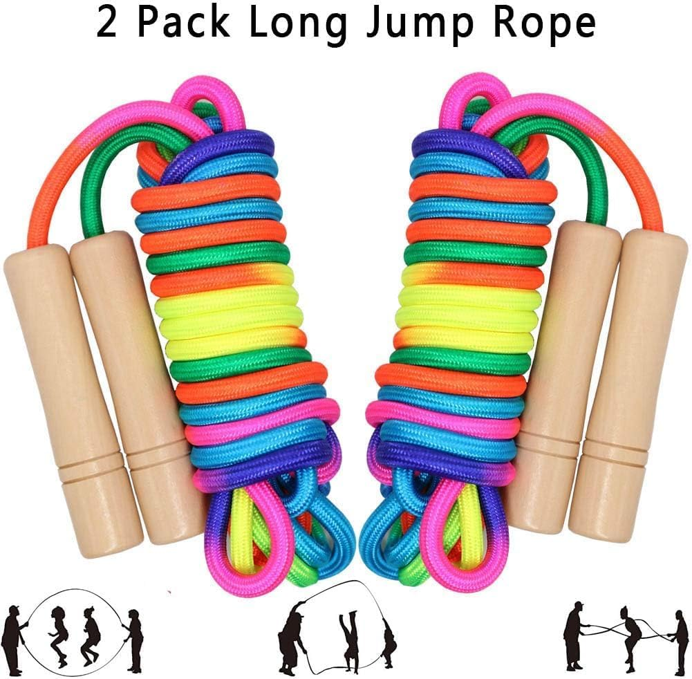 2Pcs Double Dutch Jump Rope, 16 Ft Adjustable Skipping Rope for Kids Adults, Wooden Handle Long Jump Rope, Multiplayer Jumping Rope for Fitness Outdoor Sport Training Exercise Weight Loss (Rainbow) image number 5