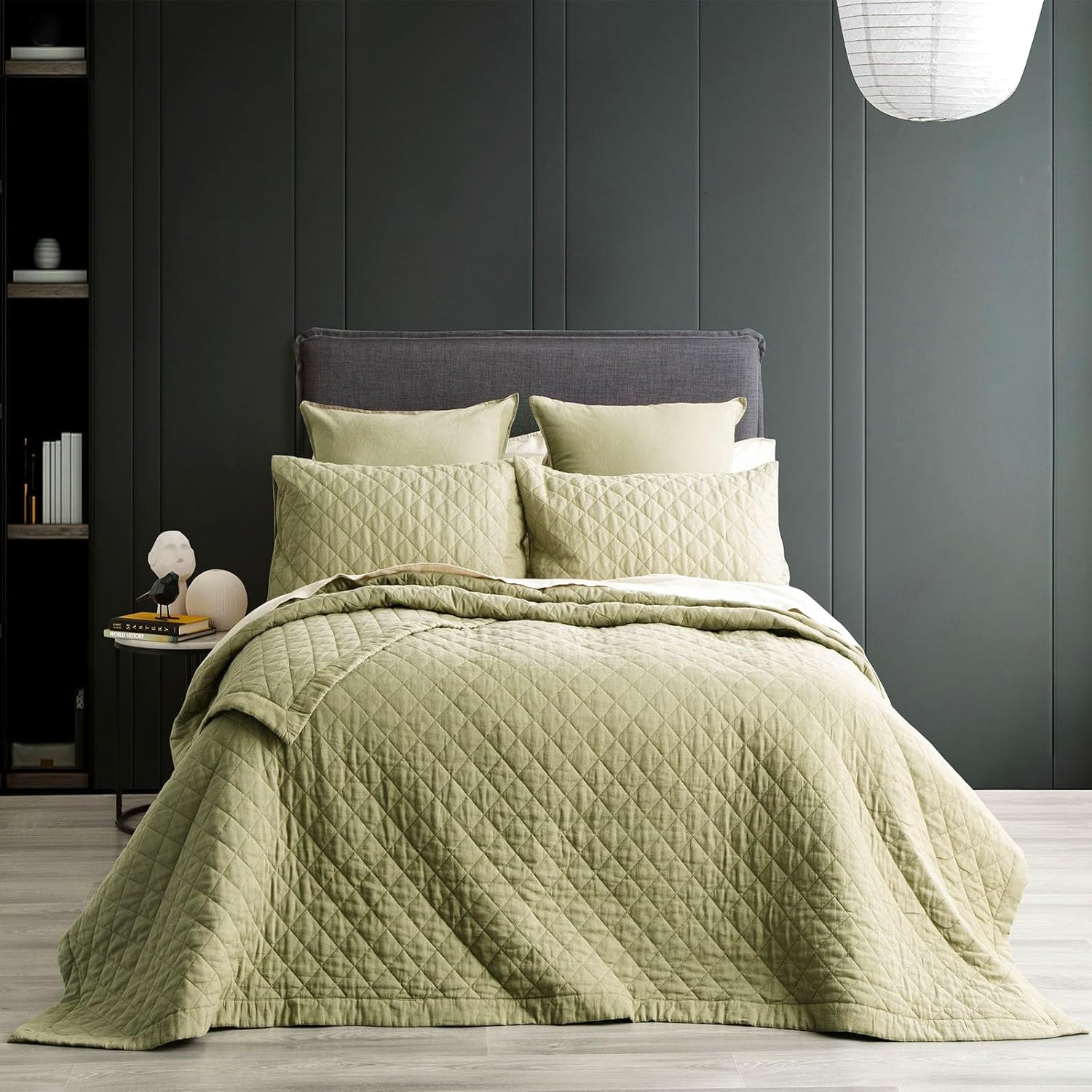 Renee Taylor Cavallo Stone Washed French Linen Quilted Bed Coverlet Set, Super King, Jade image number 3