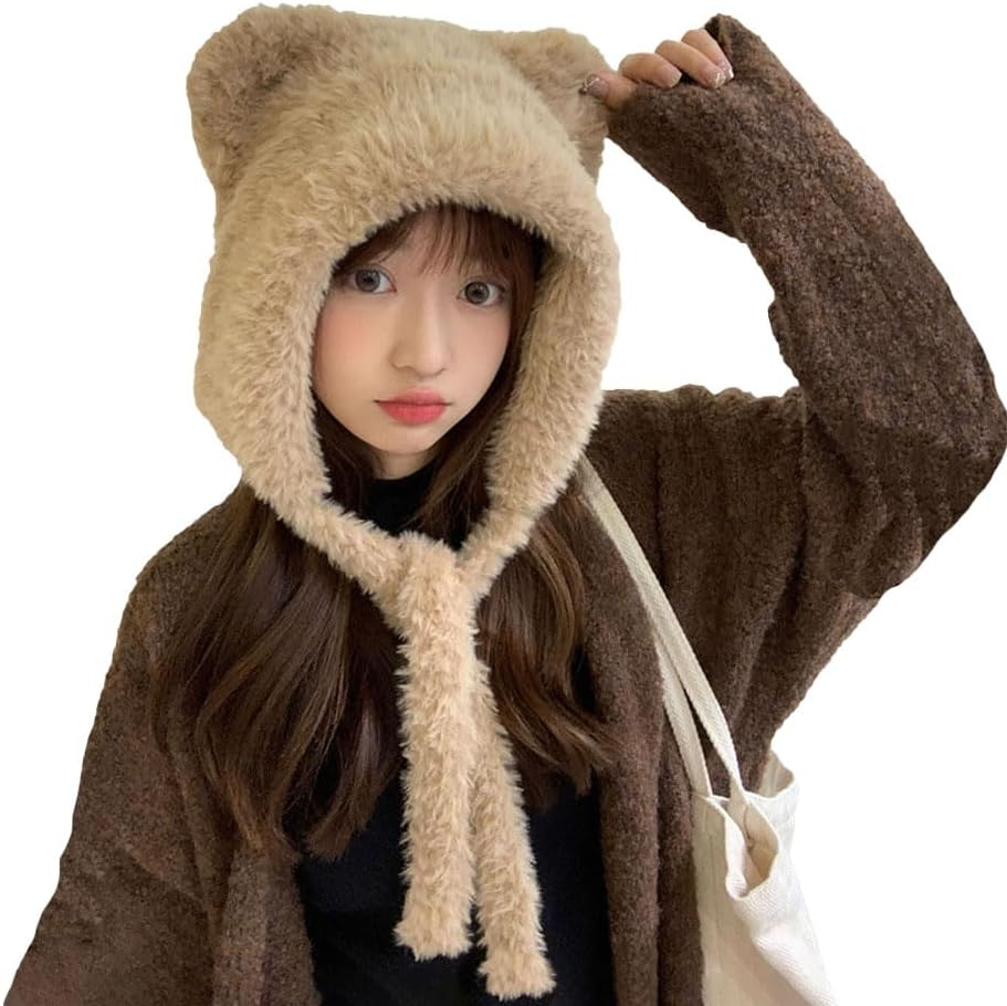 Women Winter Beanie Hats Knit Ear Flaps Cute Stuffed Bear Ears Fleece Lined Fluffy Ski Snow Hat