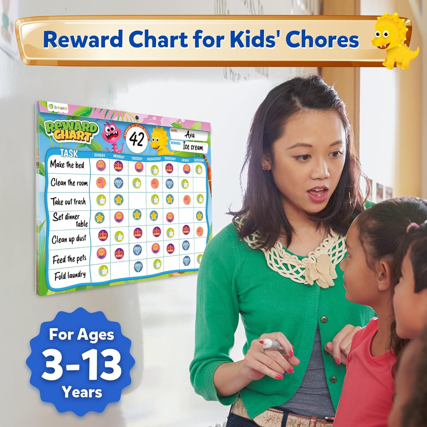 D-Fantix Reward Chart for Kids - Pad with 27 Customized Chore Charts, Behavior Chart for Kids at Home, Sticker Chart to Motivate Responsibility and Good Habits, 2280 Stickers & 48 Incentive Stickers image number 5