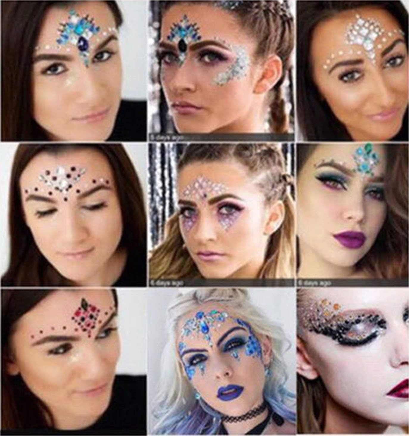 6 Sets Festival Rhinestones Rave Mermaid Face Jewel Tattoo - Tears Gems Rainbow Crystal Rocks Bindi Body Temporary Stones Stickers (Collection 2) image number 5