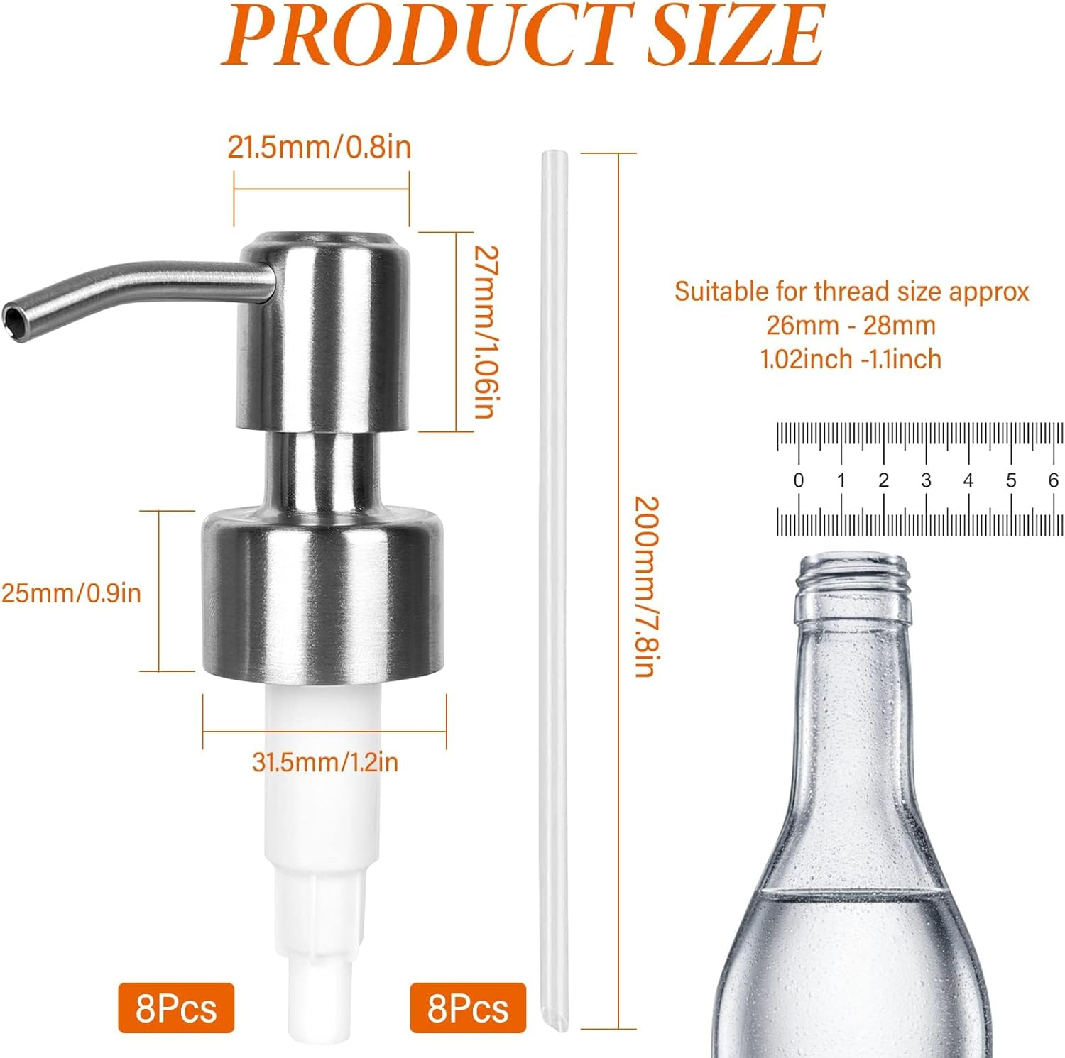 8Pcs Stainless Steel Soap Dispenser Pump Head with Hoses, Replacement for 26-28Mm Thread Bottle Soap Dispenser, Silver image number 1