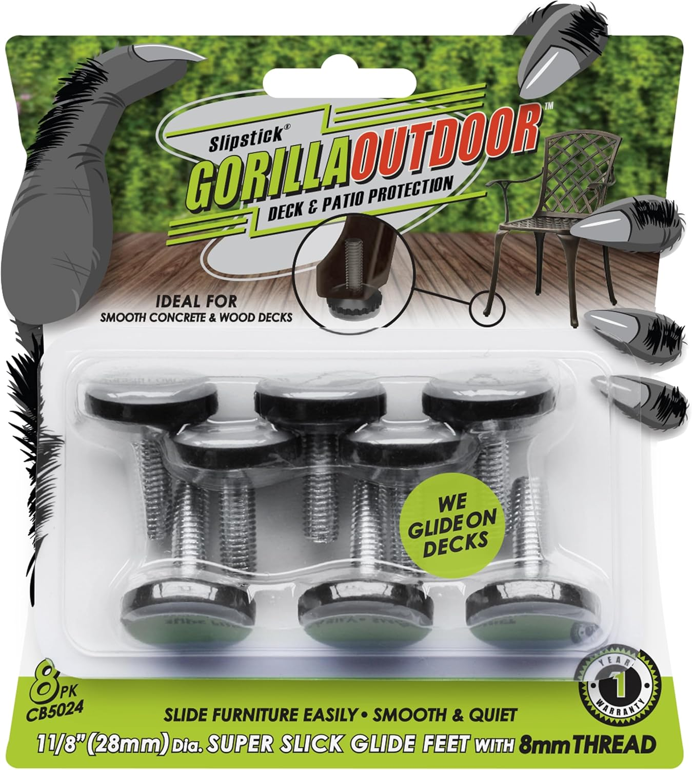 Slipstick Gorilla Outdoor Adjustable Furniture Levelers (8 Pack) Weatherproof Screw in Leg Glides for Chairs, Tables, and Outdoor Furniture Feet, 28Mm Slider Glide, M8 Thread image number 6