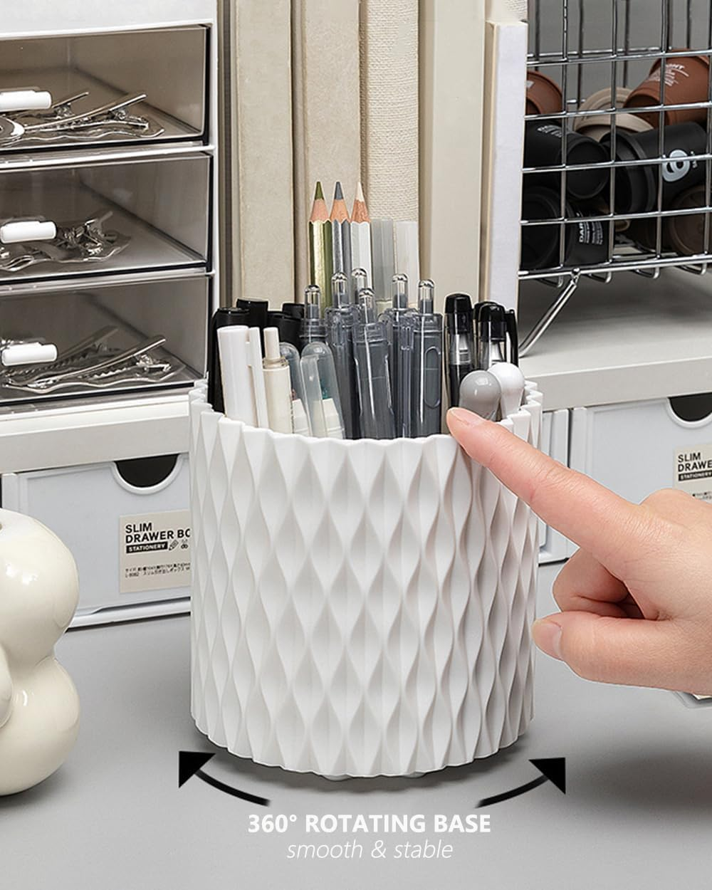 Rotating Pen Pencil Holder for Desk, 5 Slots Unique White Desk Pen Organizer Easthetic Desktop Supplies and Accessories for Women Girls, Pen Cup Pencil Caddy for Office Home Art Supply image number 2