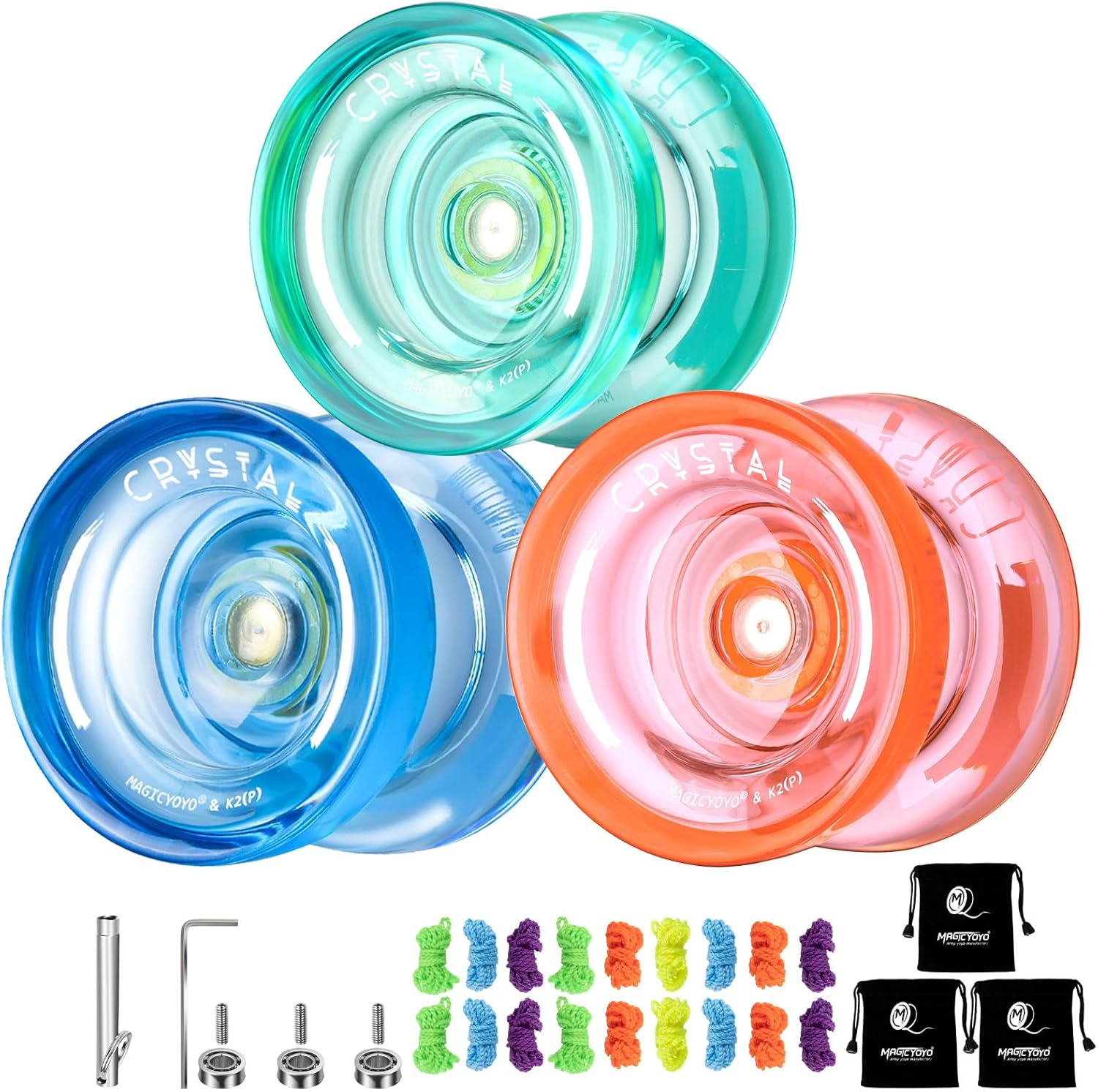 MAGICYOYO K2 plus Crystal Yoyos for Kids, Dual Purpose Responsive Yo-Yo for Beginner, Replacement Unresponsive Bearing for Intermediate, + 15 Strings, 3 Bags,3 Bearing Removers(Green + Blue + Orange)