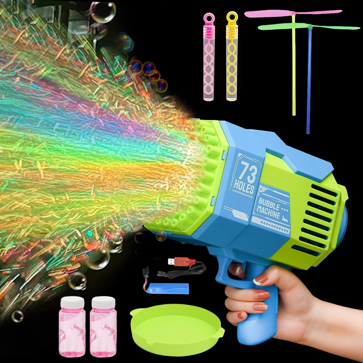 Automatic Bubble Gun Machine for Kids Adults,Rechargeable Battery/Bazooka Rocket 73 Holes/Lights, Electric Bubble Maker Blaster Blower Toys for Outdoor Games,Wedding,Party Favors image number 4
