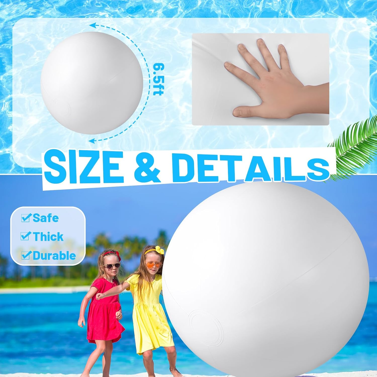 6.5 Feet White Giant Beach Ball Large Inflatable Ball Swimming Pool Party Ball for Summer Beach Massive Beach Decorations Supplies for Water Games Birthday Pool Party(1 Pcs) image number 6