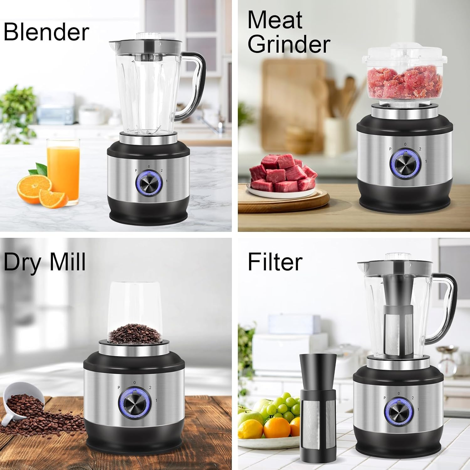 1000W Multifunction Blender and Food Processor - 4 Functions for Grinding, Mincing, Straining | 70Oz 3 Speed | Stainless Steel image number 5