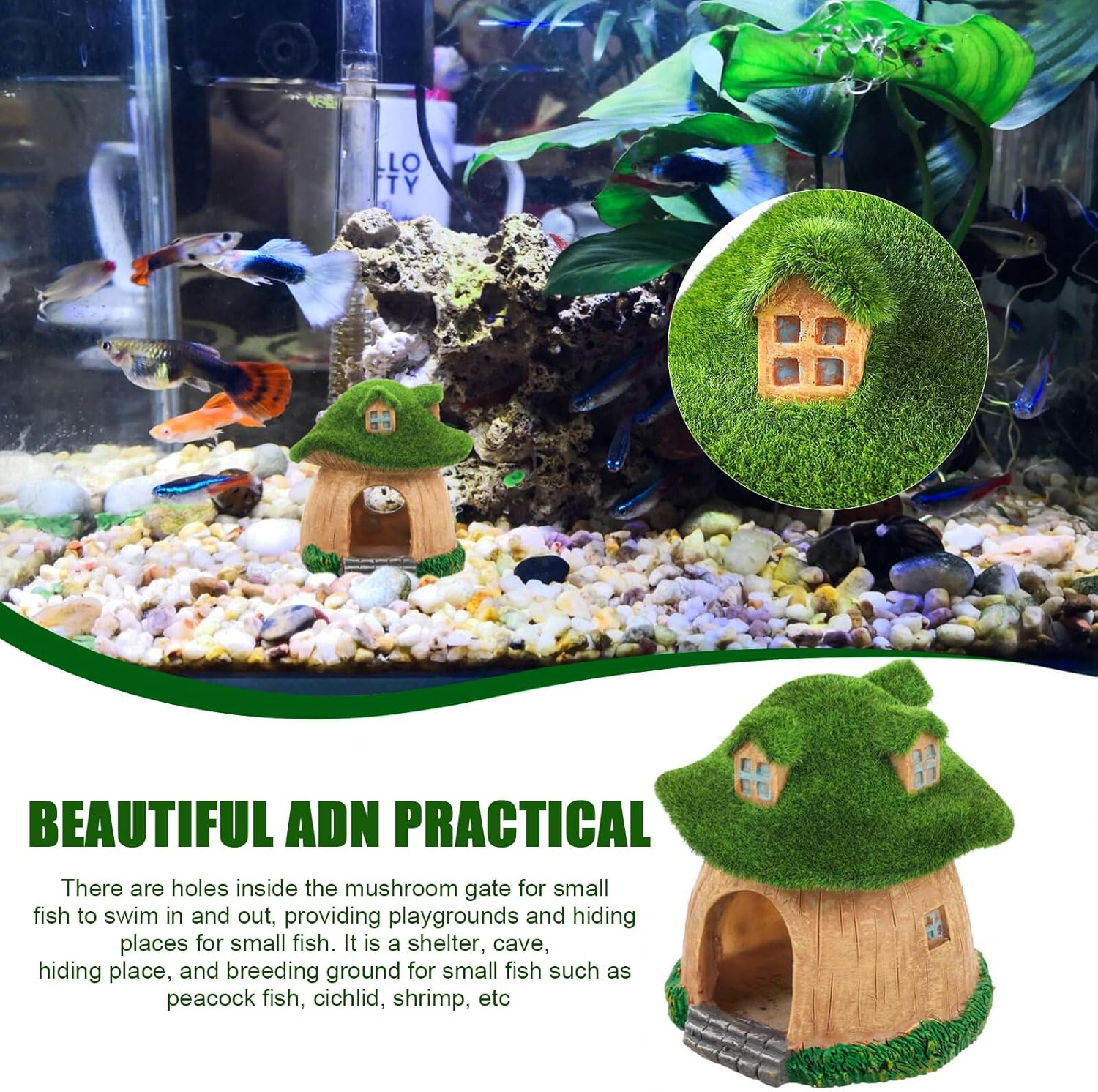 Fish House for Aquarium,Resin Fish Tank Decoration,Mushroom House Fish Cave Shrimp Hideout Shelter with Lifelike Moss,Reptiles Fish and Shrimp Shelter Landscape Cave Decor image number 4