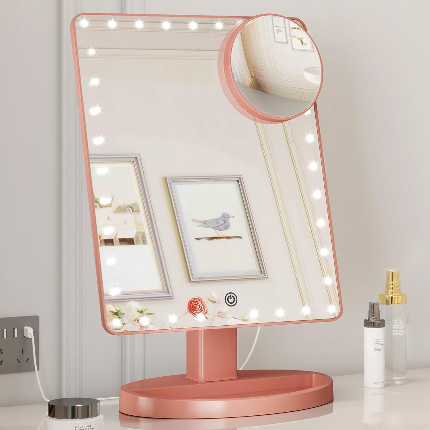 Large Lighted Vanity Makeup Mirror (X-Large Model), Funtouch Light up Mirror with 35 LED Lights, Touch Screen and 10X Magnification Mirror, 360&deg; Rotation Tabletop Cosmetic Mirror(Rose Gold) image number 2