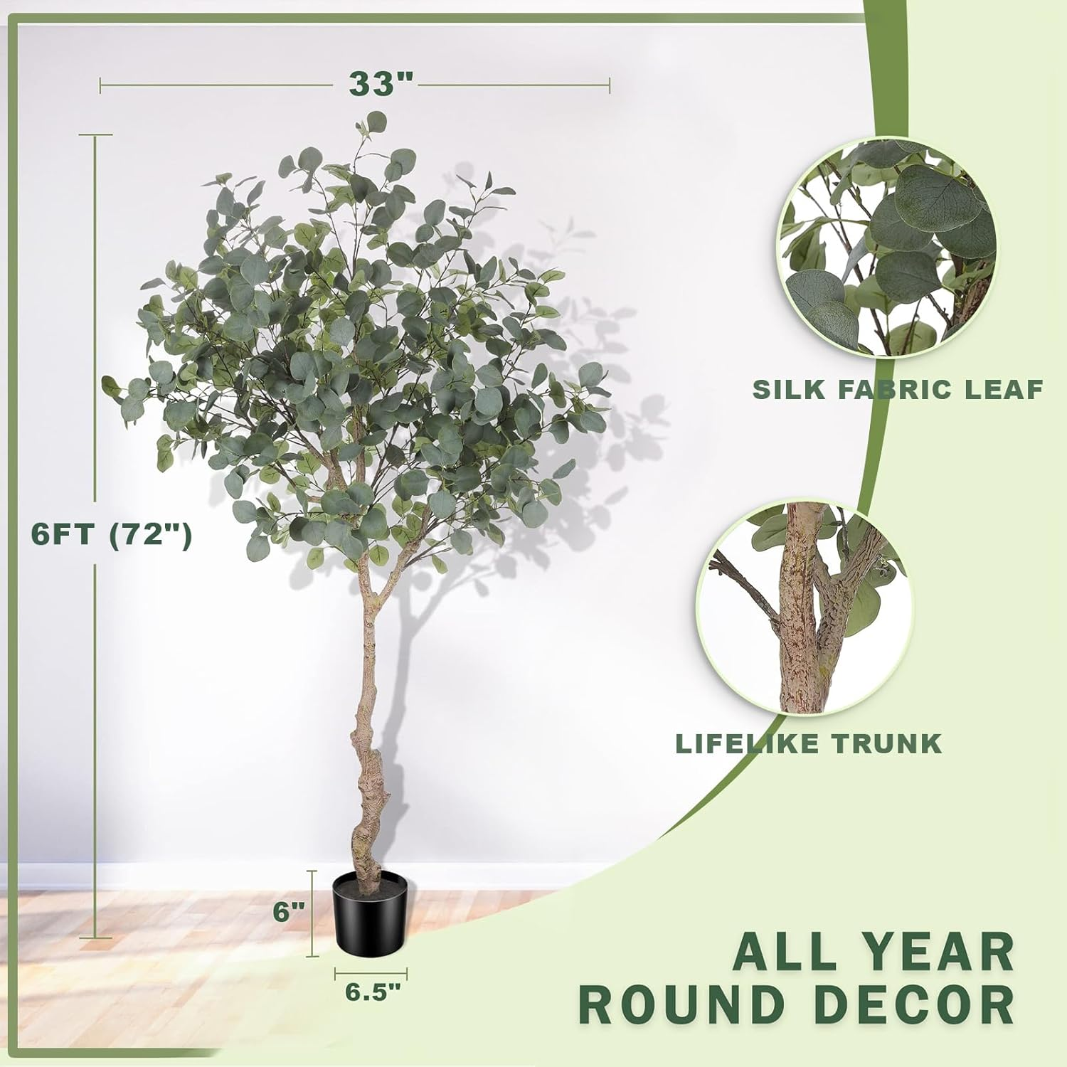 6Ft Artificial Eucalyptus Tree in Plastic Nursery Pot, Tall Faux Eucalyptus Stems Fake Plants with 846 Silver Dollar Leaves, Artificial Trees for Office House Living Room Home Decor Indoor image number 6