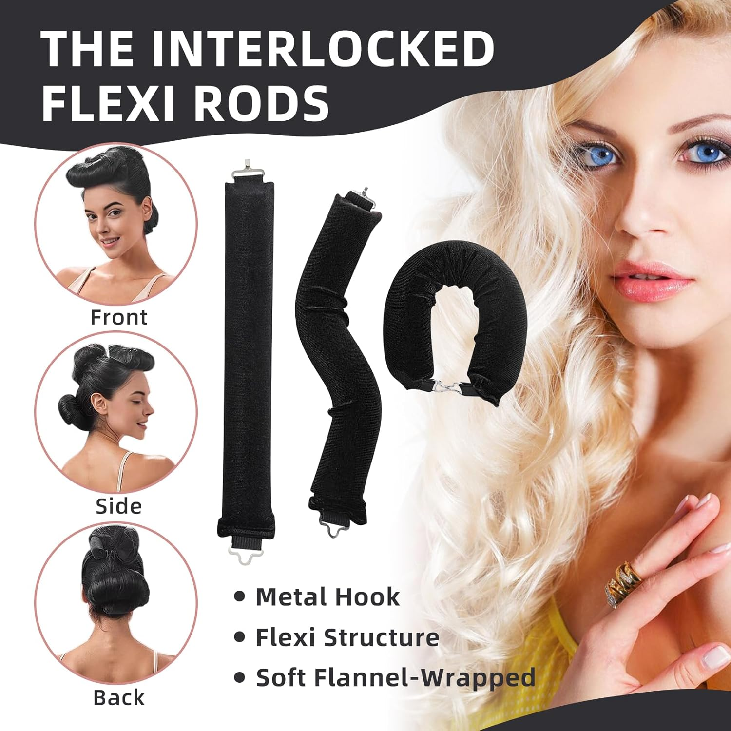 Overnight Curlers, 3 Pieces Soft Velvet Heatless Curls Band, Hair Curler No Heat, Overnight Curls, Curls without Heat for Long Short Hair, Straight or Curly Hair (Black) image number 4