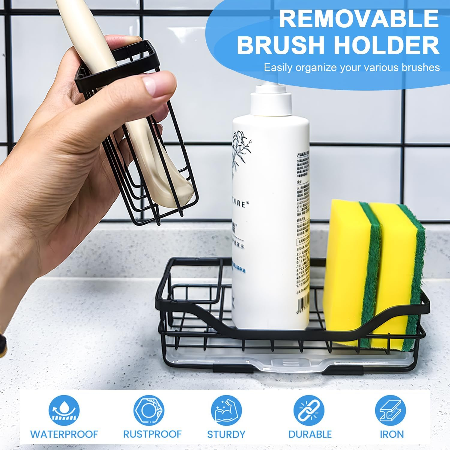 Sponge Holder for Kitchen Sink Organizer，Kitchen Accessories，Kitchen Sink Counter with Detachable Brush Holder & Drain Tray，Kitchen Sink Caddy，Kitchen Organizer，Stainless Steel，Black image number 3