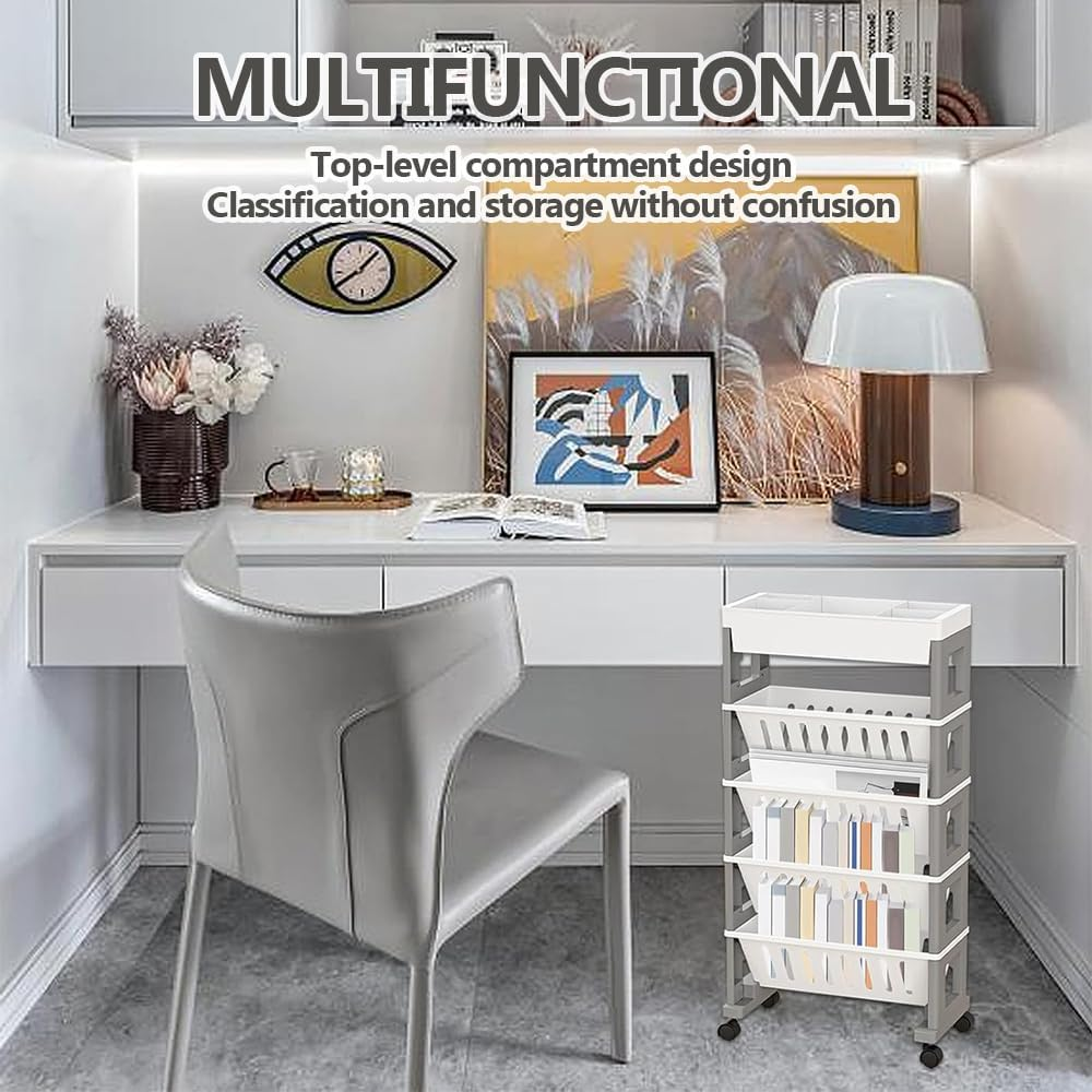 5-Layer Mobile Bookshelf with Wheels, Removable File Folder Organizer Cart, Multifunctional Rolling Practical Storage Cart for Study Room, Classroom, Office, Dormitory School (White Gray) image number 5