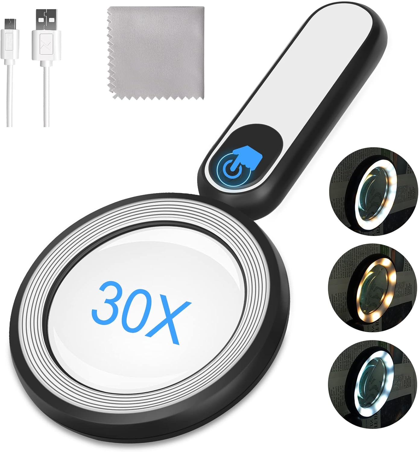 Rechargeable Magnifying Glass with Light, 30X 4.7IN Handheld Large Lightweight Lighted Magnify Lens 21 LED 3 Modes Illuminated Book Magnifier for Kids,Seniors,Reading,Inspection,Coin,Jewelry