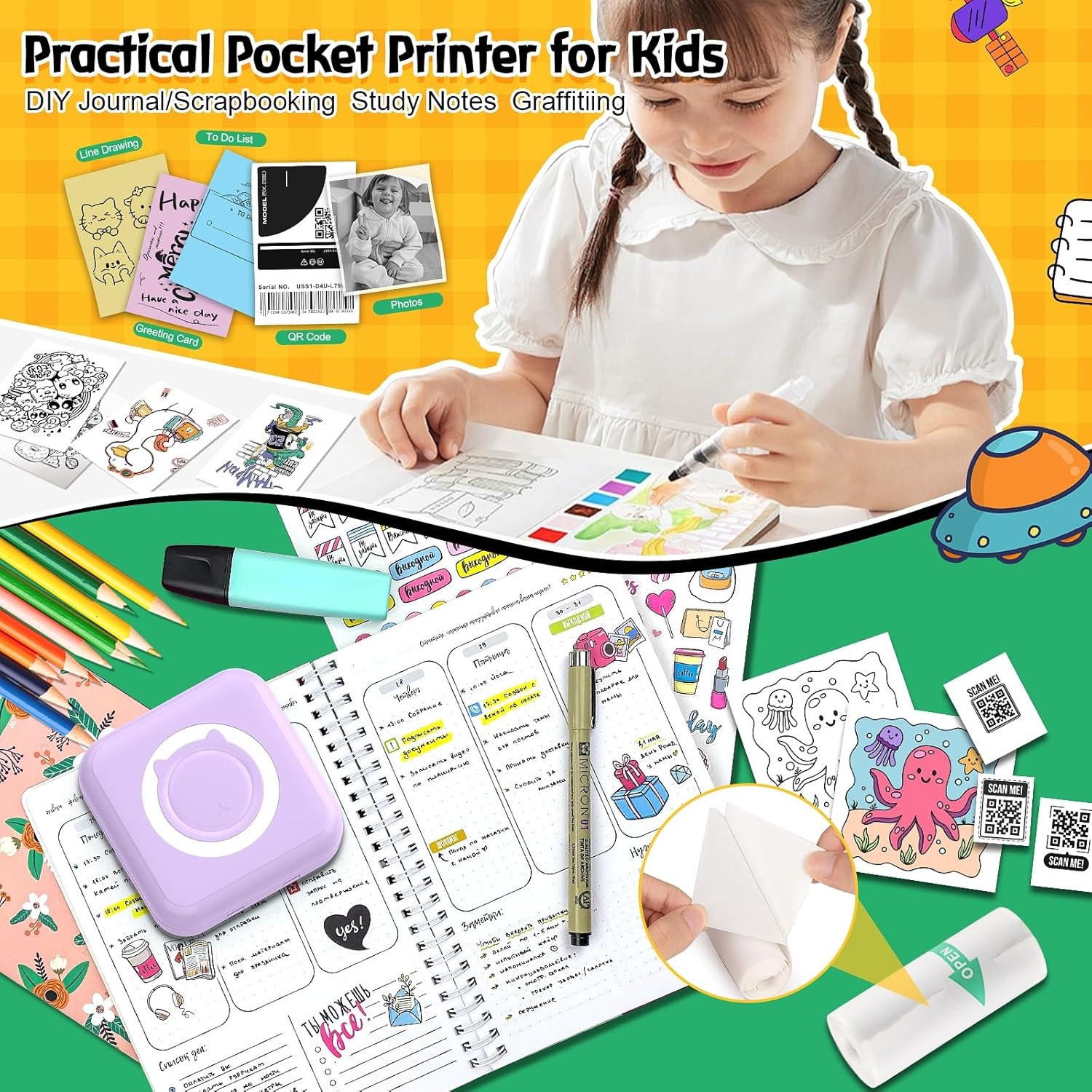 QYCHHJ Mini Sticker Printer for Iphone/Android/Tablet, Bluetooth Mini Pocket Printer Portable with 8 Rolls Thermal Paper, Inkless Thermal Printer for Study Notes Journal Memo Photo Picture, Purple image number 2