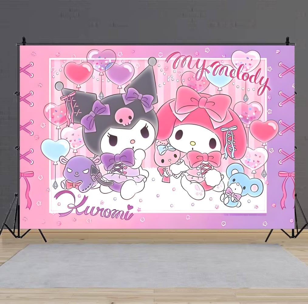 Kawaii and Melody Background Party Supplies, Happy Birthday Banner Backdrop for Kids Party Decorations (5X3Ft) image number 3