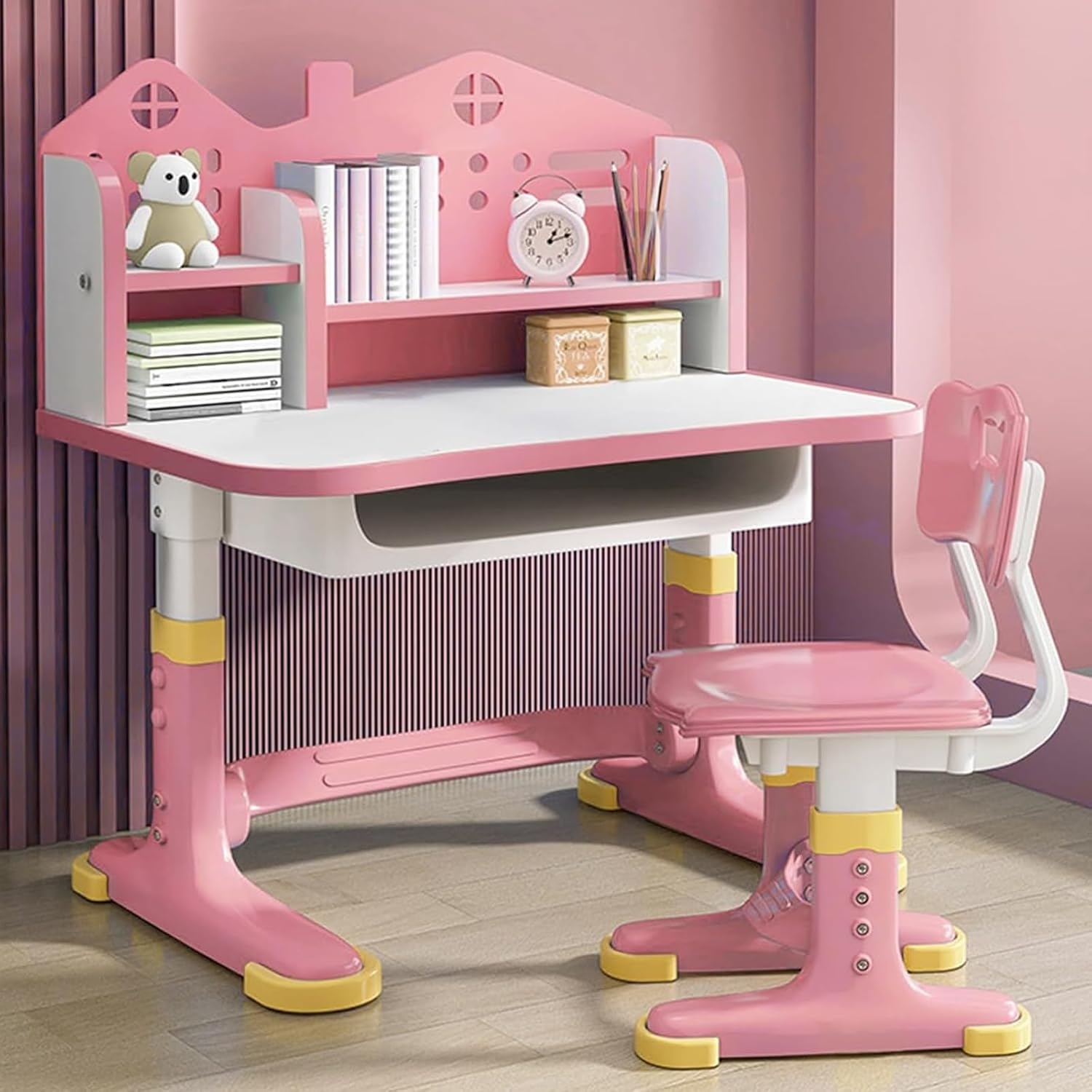 Kids' Desk Chair Sets,Adjustable Height Children Kids Study Desk and Chair Set, Multifunctional School Student Writing Study Table and Set with Storage Drawer,Pink image number 5