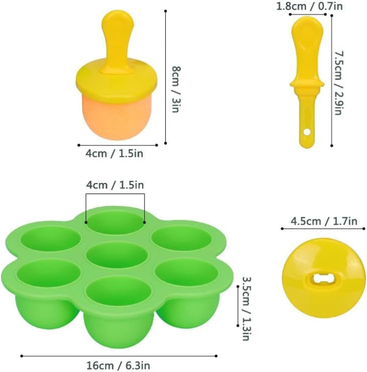 Mini Silicone Popsicle Mold, Food Storage Container 7-Cavity DIY Ice Pop Mold with Colorful Plastic Sticks Non-Stick Ice Cube Trays (Green)