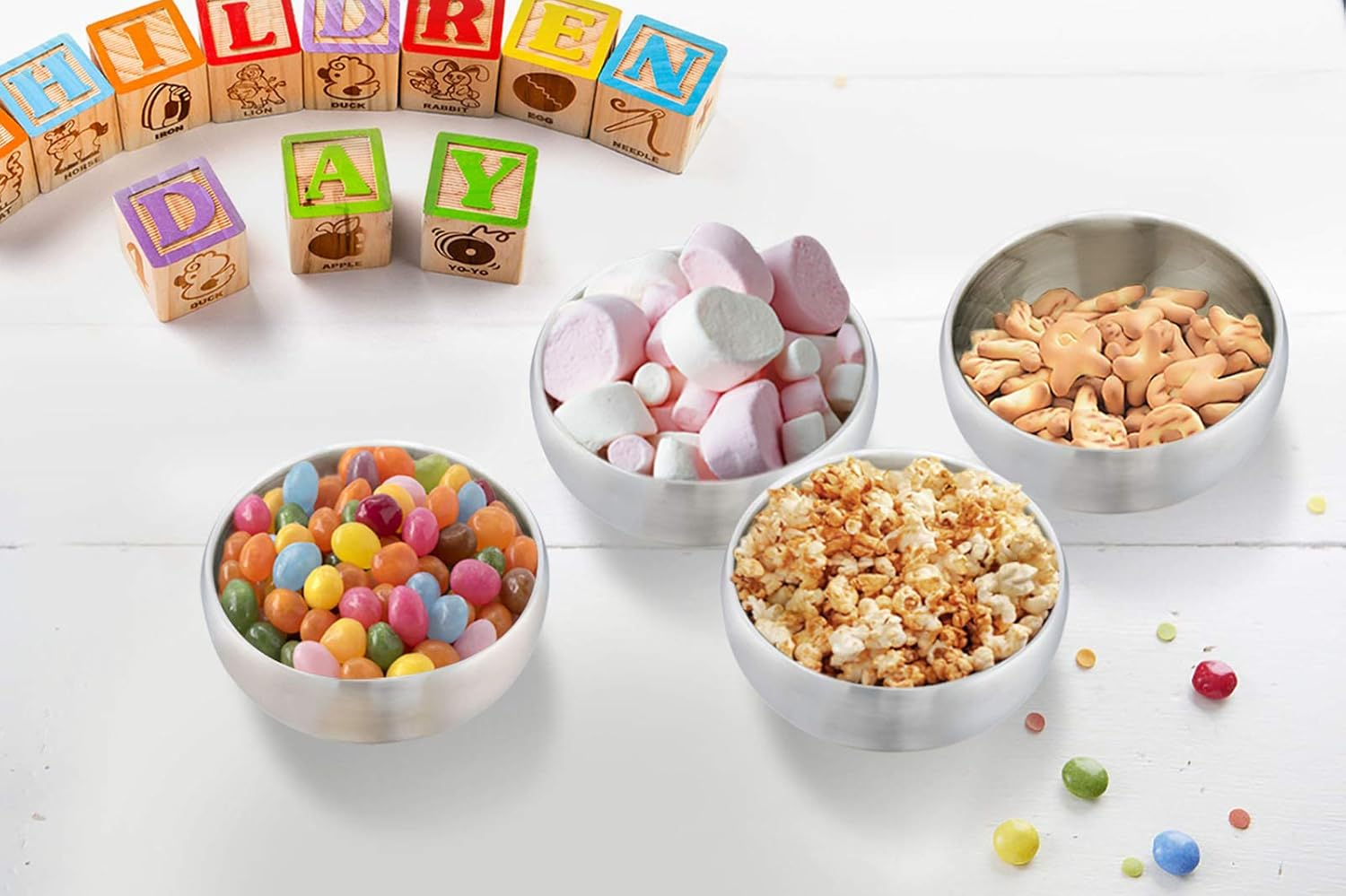 E-Far Bowls for Kids Toddlers, 12 Ounce Double-Deck 18/10 Stainless Steel Bowls for Baby Children, Healthy & Matte Finish, Insulated & Shatterproof - Set of 4 image number 5