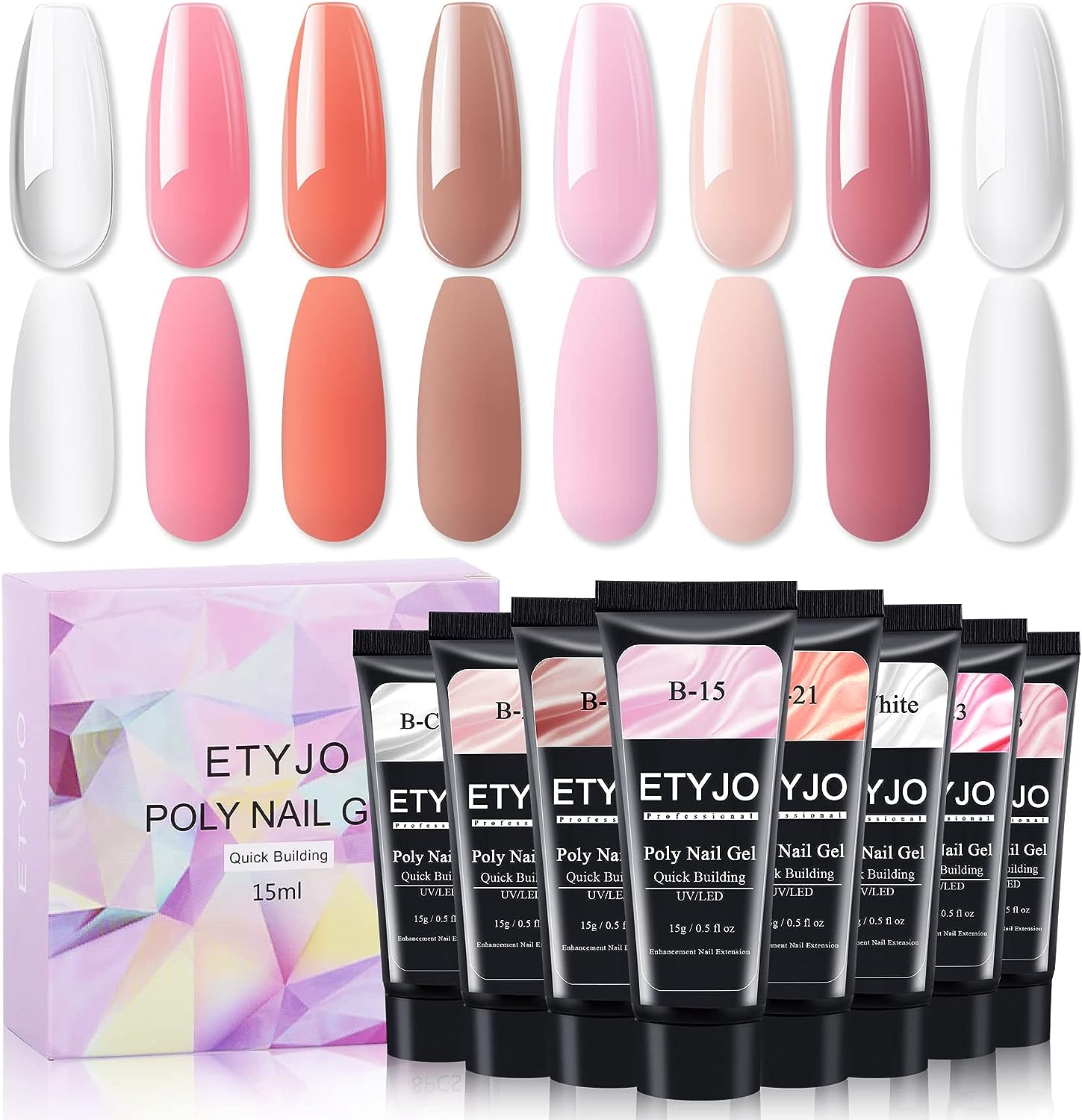 Poly Gel Nail Extension Kit, 8 Colors Clear Nude Pink Poly Gel Set Nail Enhancement Builder Nail Gel Poly Gel Colors for Beginners DIY Home Salon image number 1