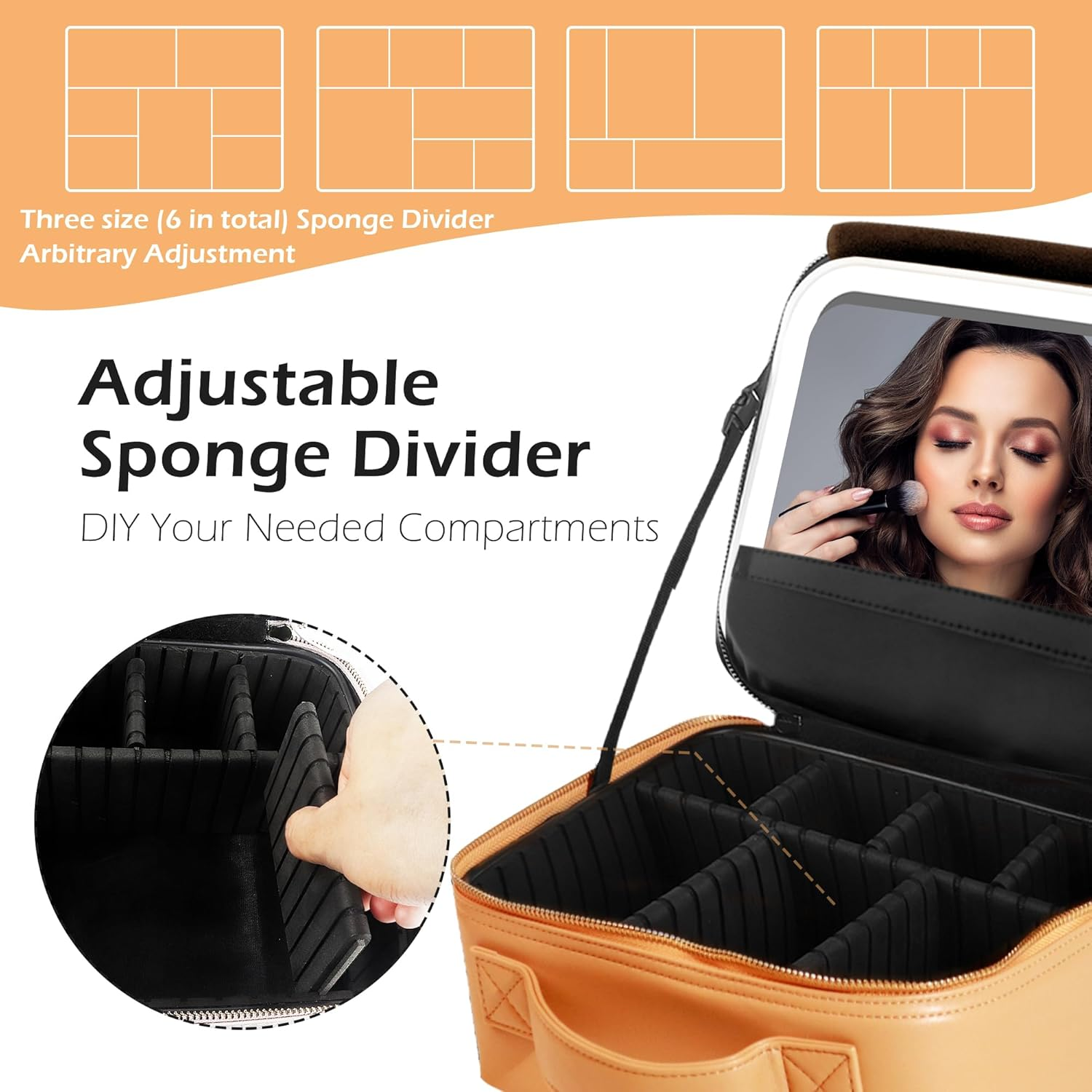 MOMIRA Travel Makeup Bag Cosmetic Bag Makeup Organizer Bag with Lighted Mirror, Adjustable Brightness in 3 Color Scenarios, Waterproof Makeup Train Case, Gift for Women - Apricot(Woven) image number 3