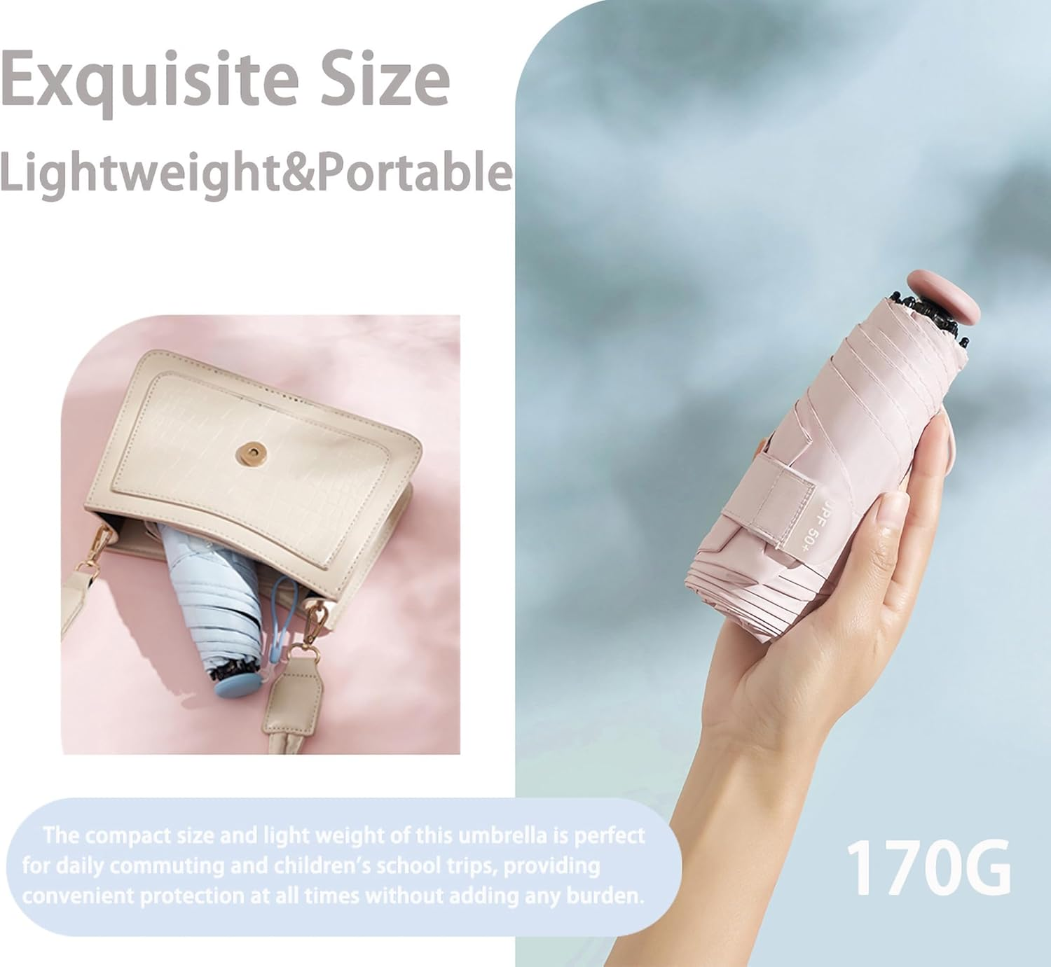 Mini Sun Travel UV Umbrella anti UPF 50 Protection 99.9% Micro Handle Coating Layer Fabric Compact/Lightweight Small Portable Backpack/Folding Purse Pocket Umbrella Rain/Blocking/Men Women Kids image number 2