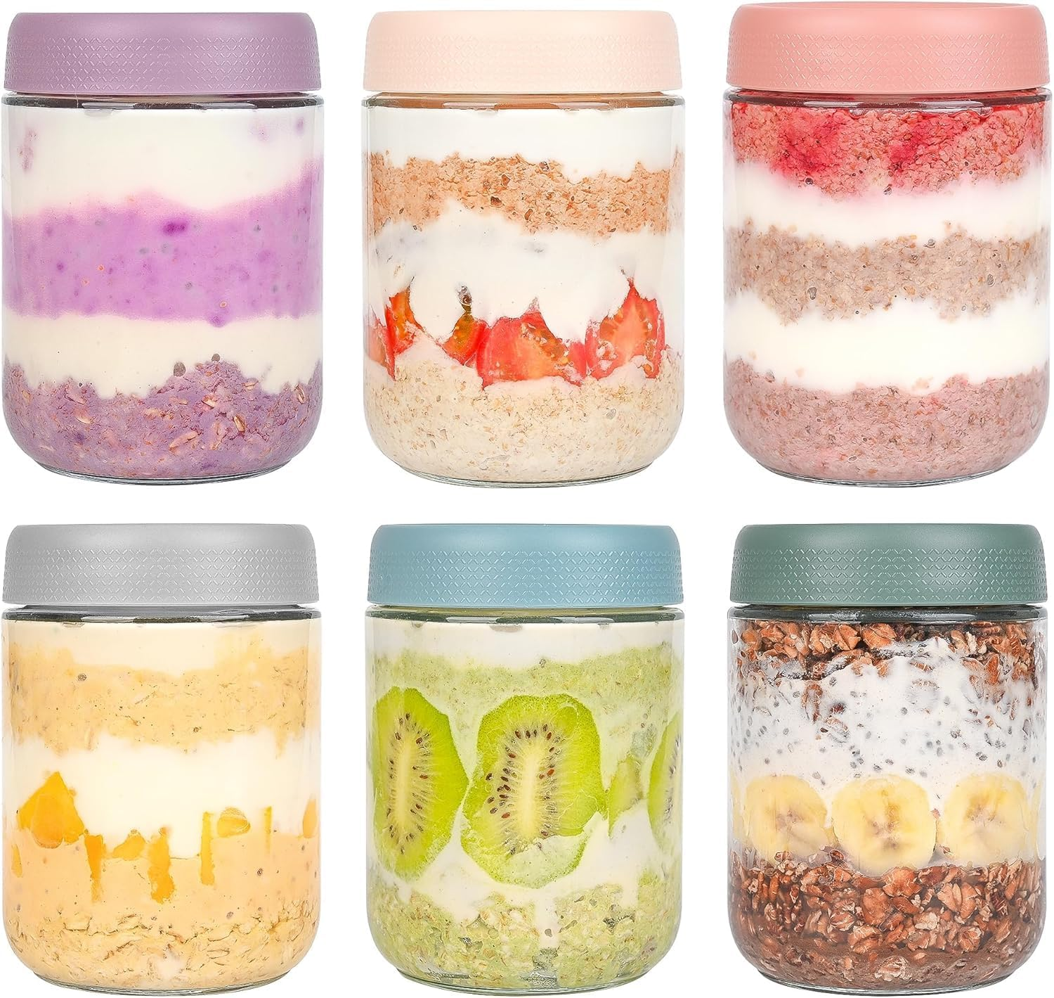 6-Pack Overnight Oats Containers with Lids, 12Oz Mason Jars with Lid for Cereal with Measurement Marks, Glass Airtight Oatmeal Container on the Go Container image number 3