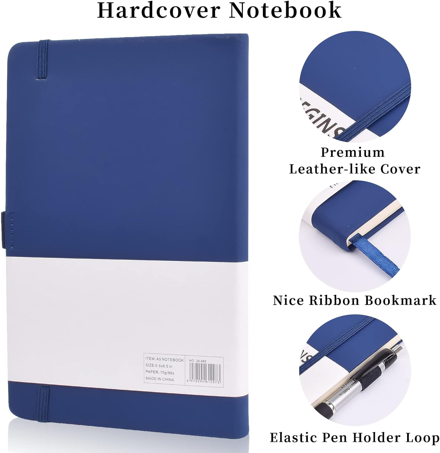 SAYEEC Lined Journal Notebook 1 Pack, A5 Hardcover Notebook for Work with Pockets, 200 Pages Thick Paper, Medium 14 Cm &times; 21 Cm (Blue) image number 3