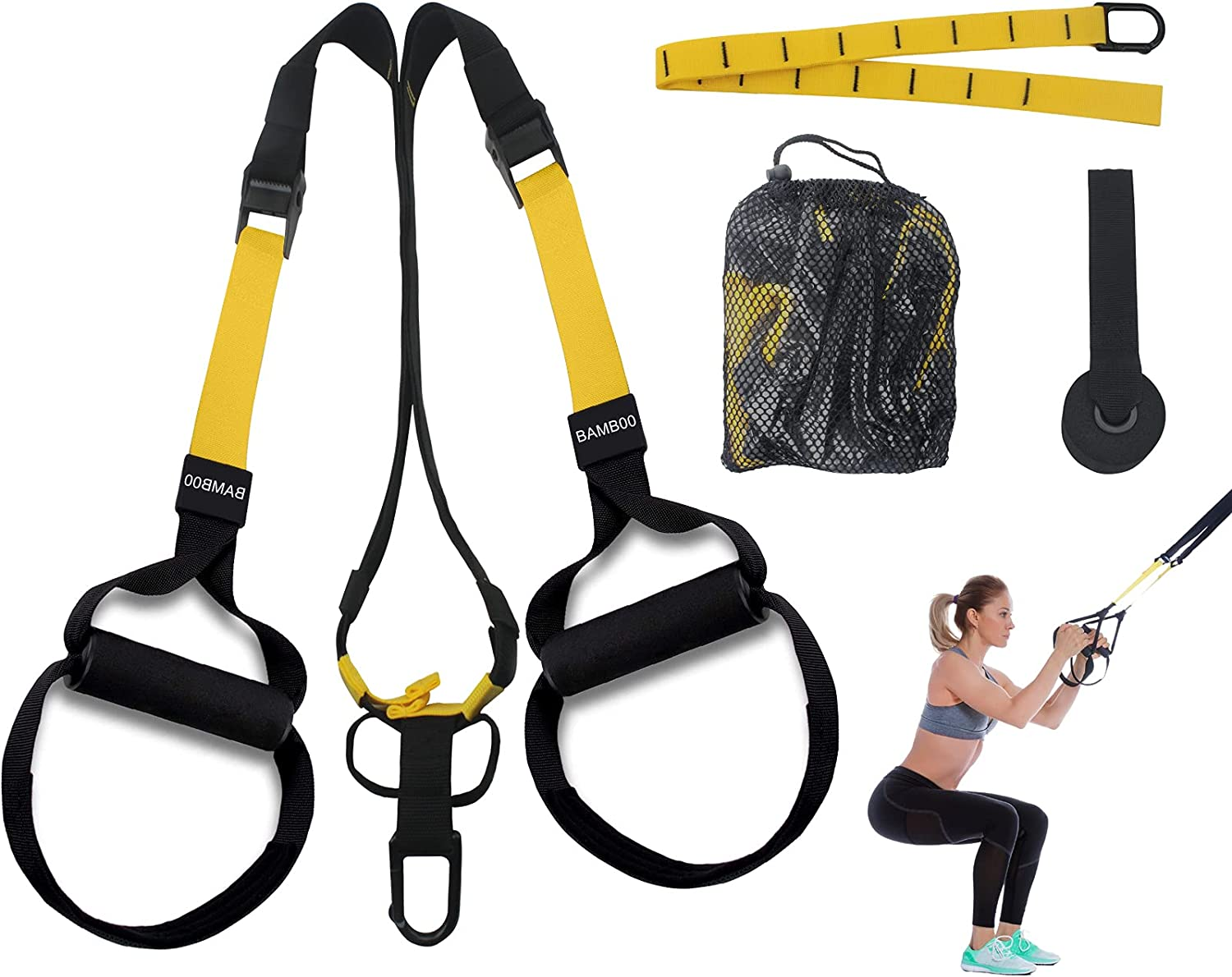 Suspension Trainer Kit,Bamb00 Sling Training with Door Anchor,Adjustable Multifunctional Fitness Band Set for Home Gym and Outdoor Professional Full-Body Workouts(1,Black Yellow) image number 5