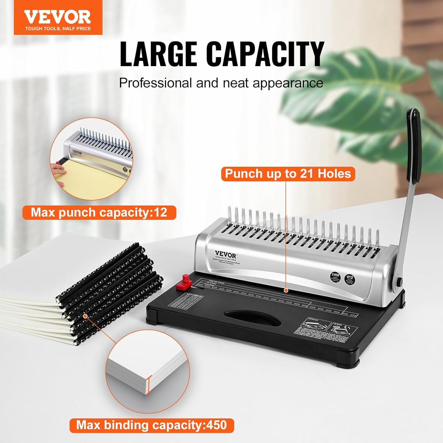 VEVOR Binding Machine, Comb Binding Machine 21-Holes Binding 450 Sheets, Book Binder Machine with 100 PCS 3/8'' Comb Binding Spines, for Letter Size, A4, A5 image number 2