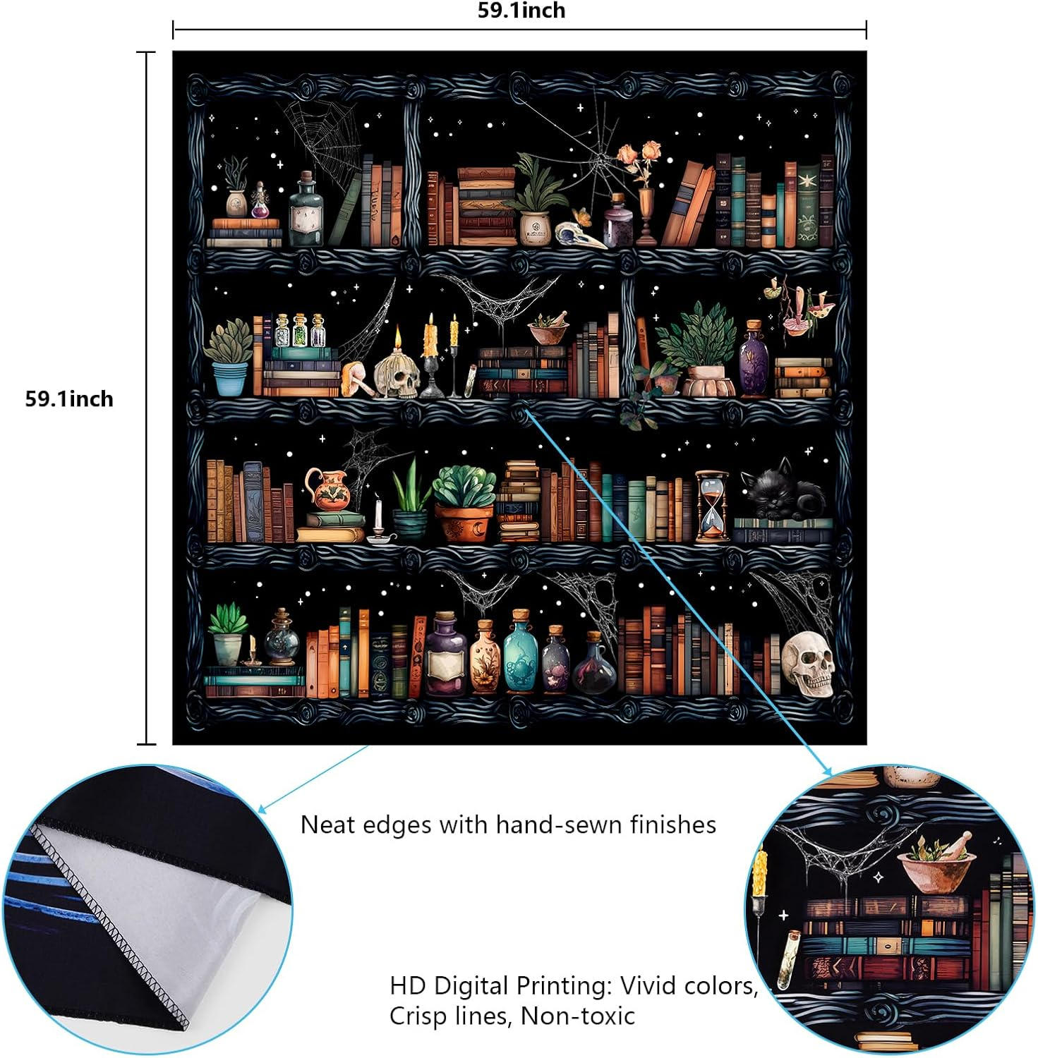 Uspring Magical Book Tapestry Goth Skull Vintage Botanical Black Cat Wall Tapestry Hanging for Bedroom Home Decor (59.1 X 59.1 Inches)