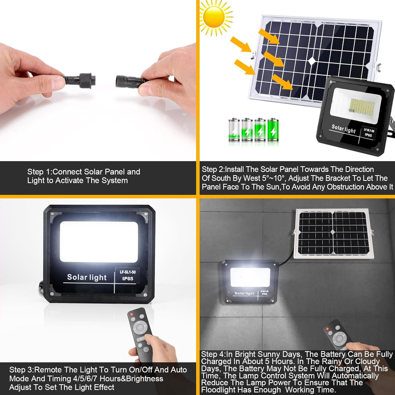 Ikuby Outdoor Solar Flood Light Dusk to Dawn 10W 6V 350*235Mm Solar Panels,96 Leds 1000 Lumens Waterproof IP65 with Remote Control,Security Lighting for Yard Garden Gutter Swimming Pool Pathway Area image number 6