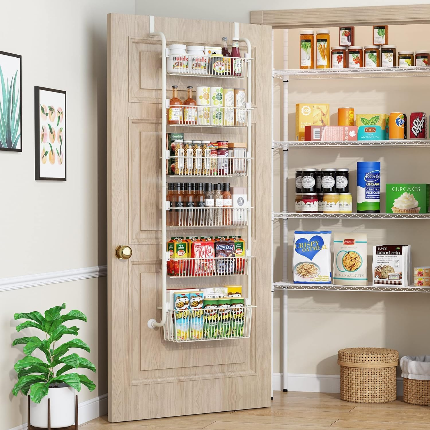 Over the Door Pantry Organizer Rack, Astraio 6 Baskets Pantry Door Organization and Storage, Heavy-Duty Metal Kitchen Spice Rack over Door Can Organizer image number 4