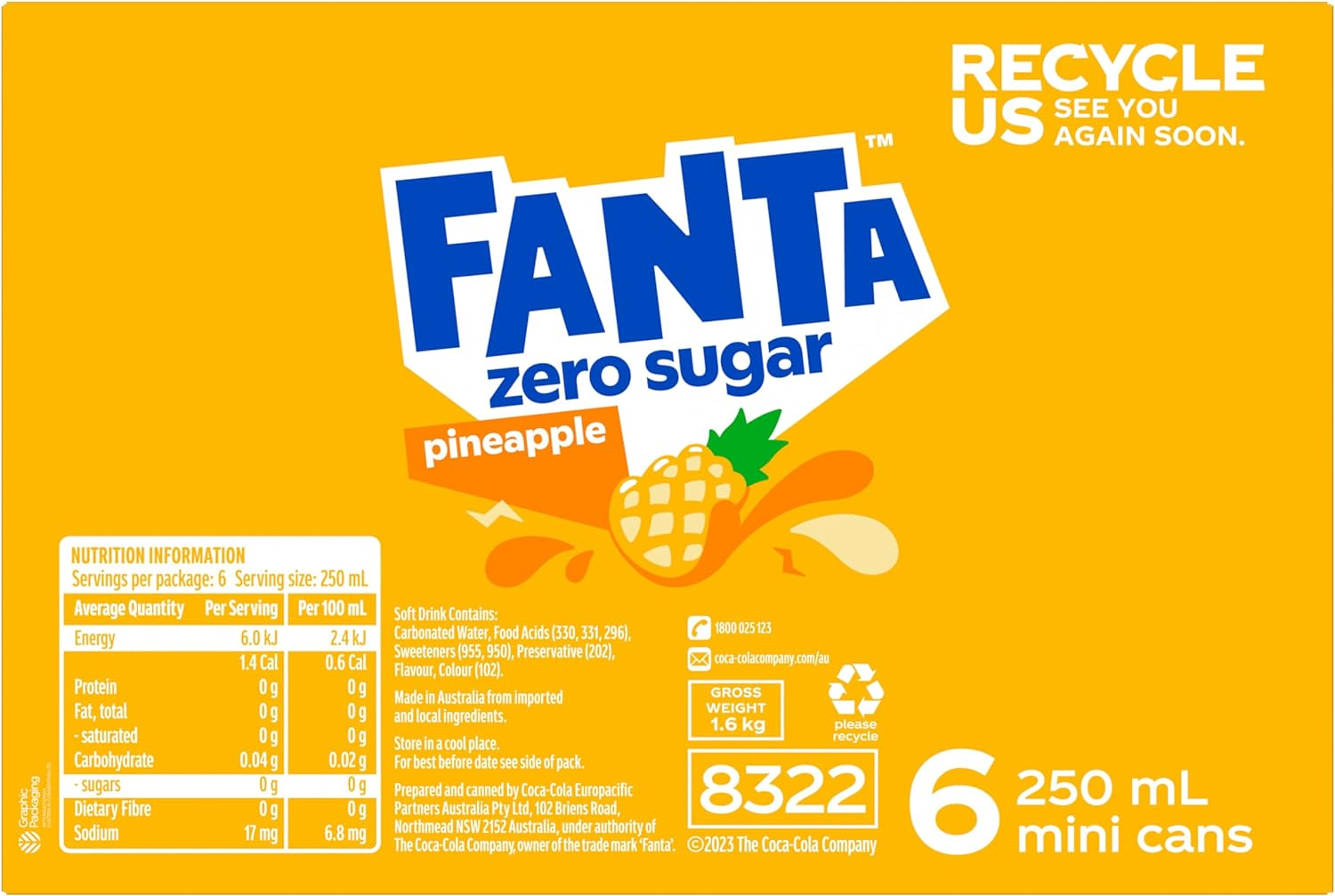 Fanta Pineapple Zero Sugar 6 X 250Ml Soft Drink image number 1