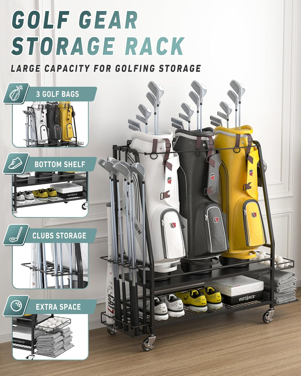 Golf Bag Storage Garage Organizer for 3 Golf Bags - Golf Bag Storage Rack for Garage - Golf Bag Organizer with 2 Side Shelves, Clubs Holder and Wheels - Golf Organizer for Golf Accessories image number 2