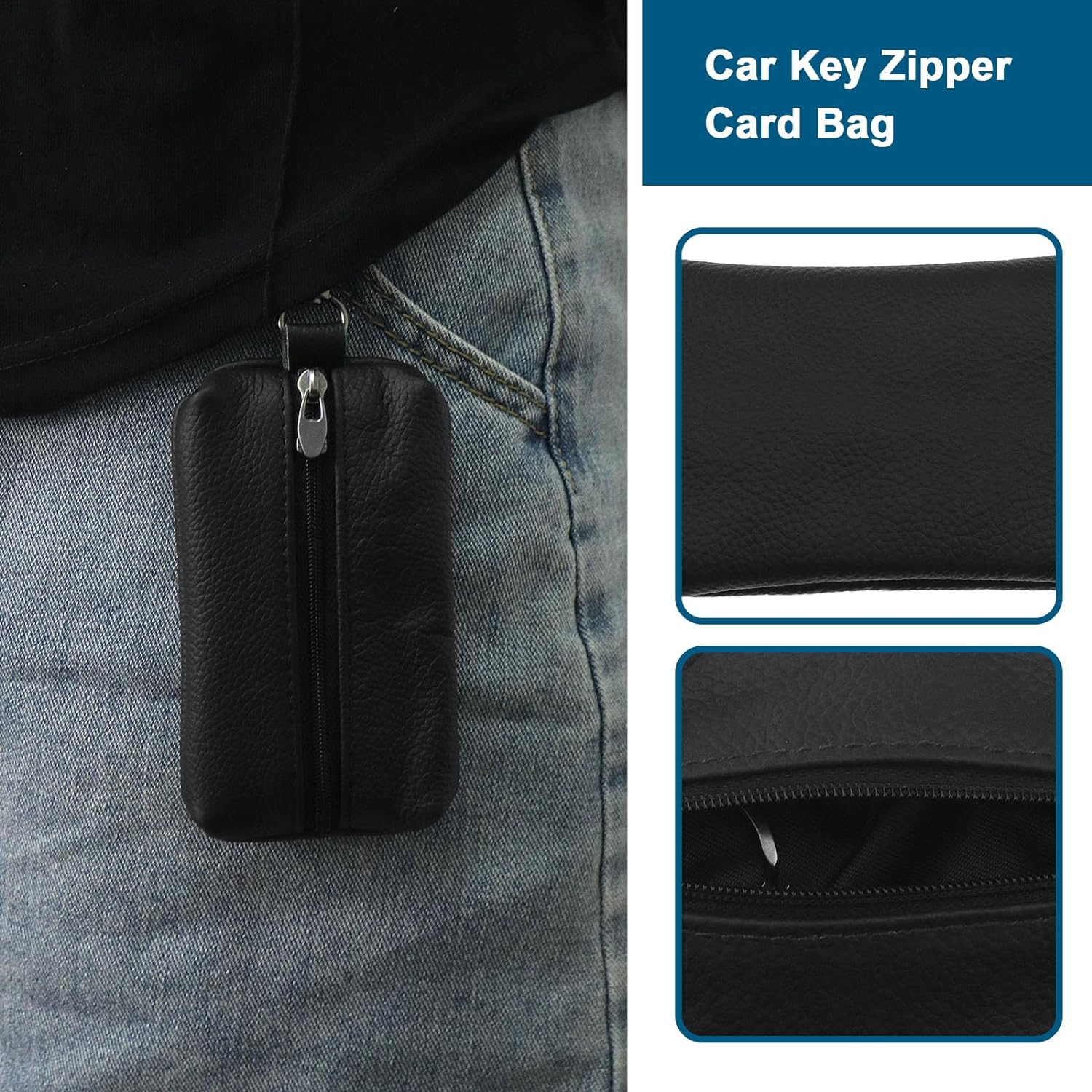 SING F LTD Car Leather Key Zipper Card Bag Car Keycase Heavy Duty Leather Key Wallet Key Pocket Accessories for Men Women 12X7Cm Black image number 5