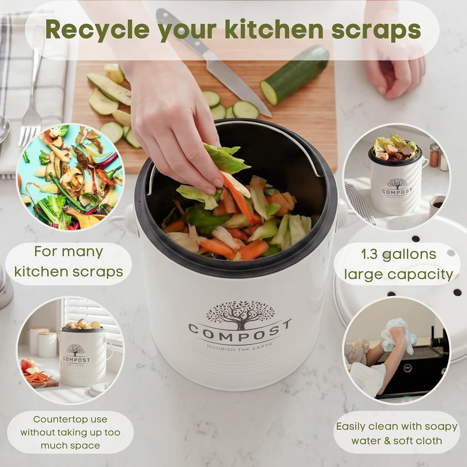 Perfnique Kitchen Compost Bin, 1.3 Gallon Countertop Compost Bin with Lid, Indoor Compost Bucket Includes Inner Bucket Liner and Carbon Filter, Small Compost Bin with Trash Bags - Cream image number 4