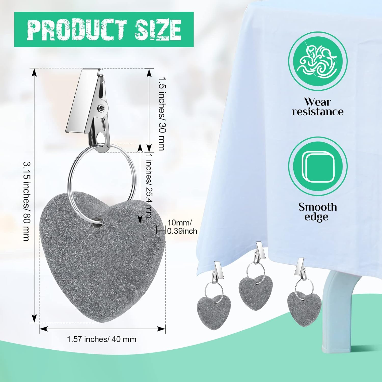 48 Pieces Tablecloth Weights Hangers Heart Stone Table Cloth Weights Tablecloth Clips for Outdoor Tables Heavy Curtain Weights Table Cover Clips with Stainless Steel Clips for Picnic (Light Gray) image number 5