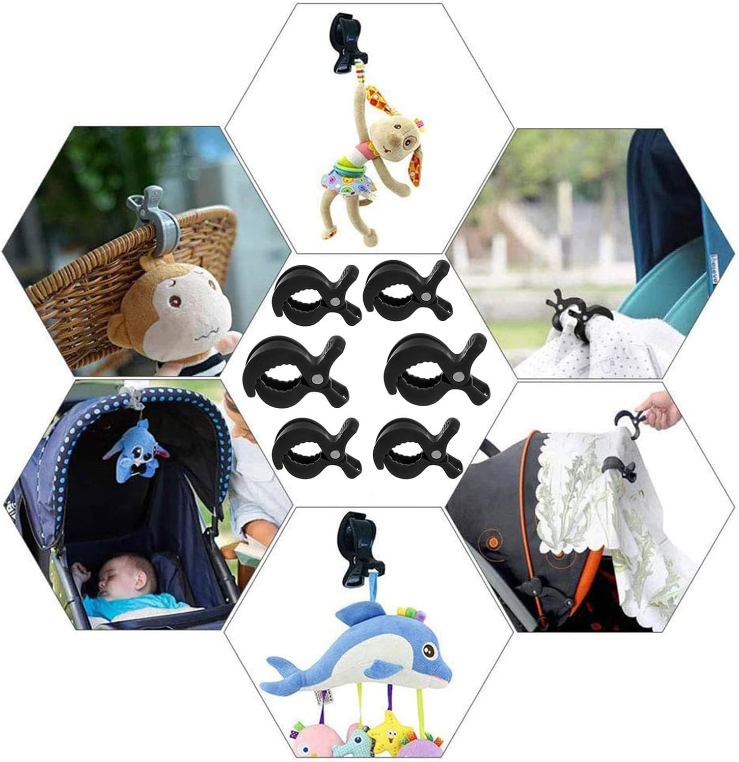 WADY Stroller Pegs to Hook Muslin Sun Shade to Canopy, 6 PCS Car Seat Cover Clips, Nursing Cover, Pram Toy Holder, Plastic Universal Clip, Blanket Clamp, Stroller Clips Buggy Accessory (Black) - Grey image number 7