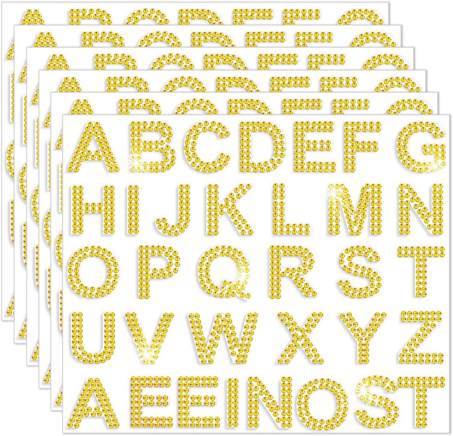204 Pieces Rhinestone Letters Stickers, 6 Sheets Glitter Self Adhesive Diamond Alphabet Stickers Silver Bling Crystal Letter Stickers Gemstone Border Stickers for DIY Craft Decors (Golden)