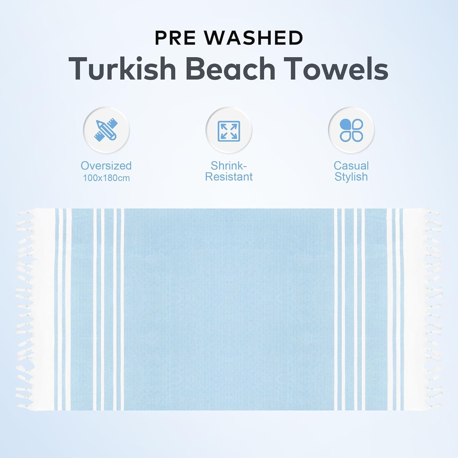 LINENOVA 100% Cotton Turkish Beach Towel 180&times;100Cm, Oversized Absorbent Towels, Sand-Free, Quick Dry & Lightweight Pool Towel for Swimming, Travel, Holiday &ndash; Blue image number 1