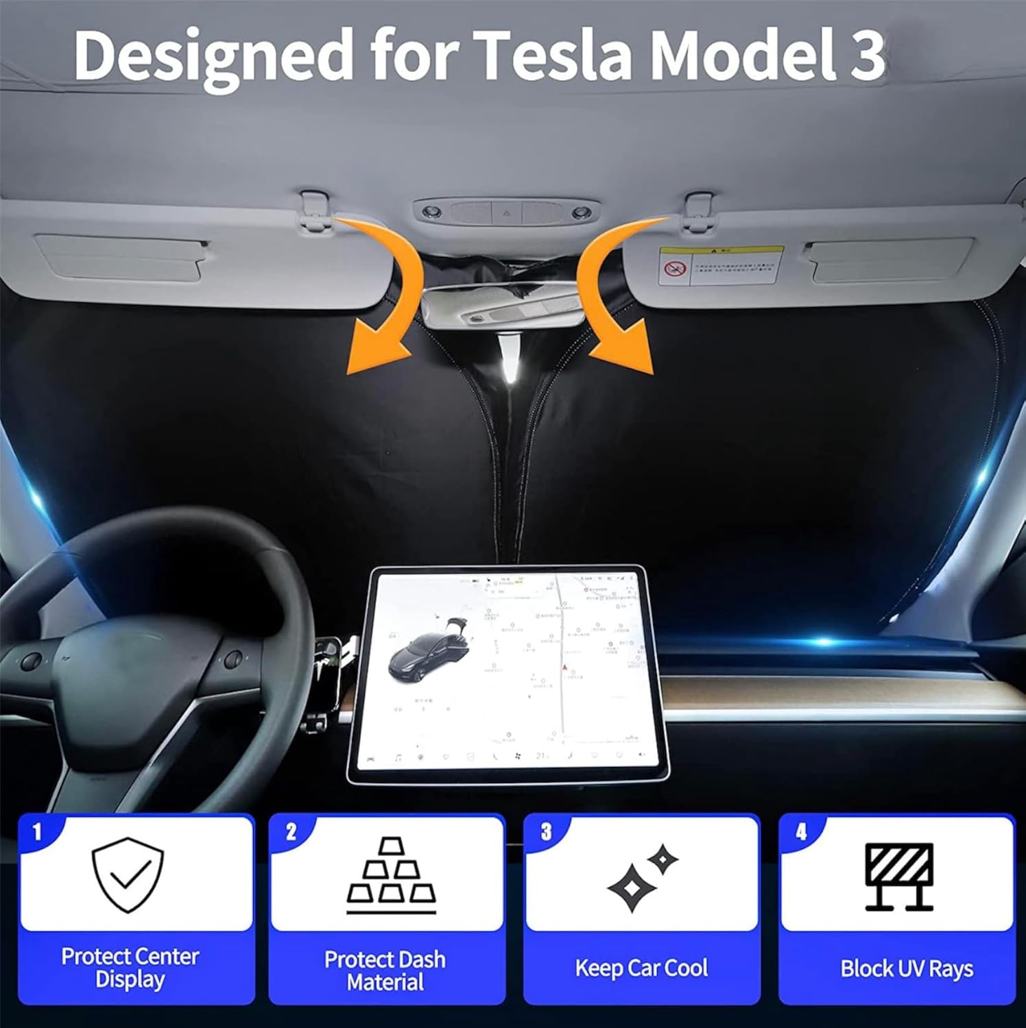 Tesla Model 3 Accessory 2023 Australia Glass Roof Sunshade (BLACK) Windshield+ Front + Rear Top Shades for Glass Roof Sunroof for Model 3 Sunshades Only Fit to Yr 2021-2023 Models.