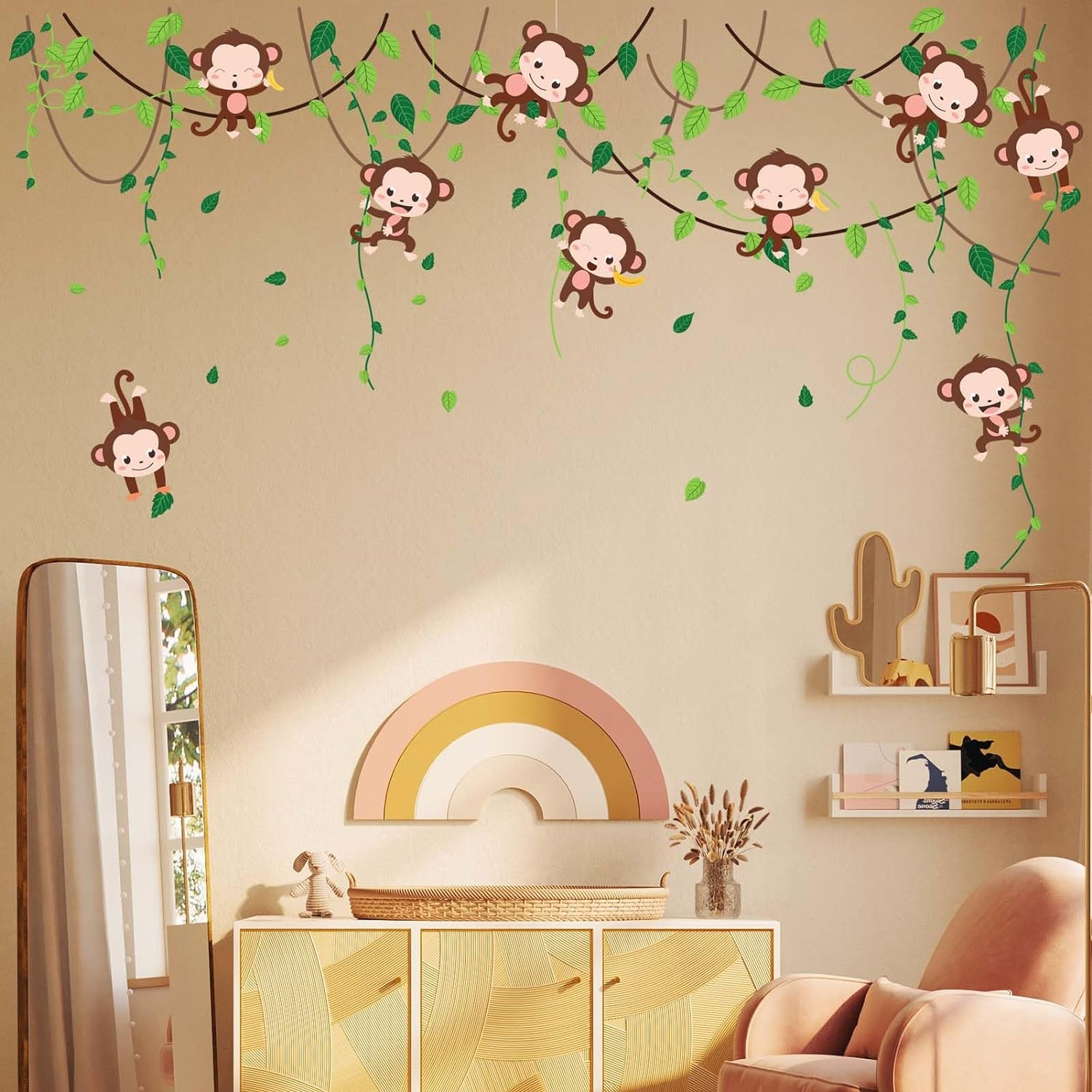 Monkey Climbing Tree Wall Stickers - Jungle Animals Vine Leaves Wall Decals - Baby Nursery Kids Girls Boys Room Daycare Playroom Classroom Wall Decor image number 1