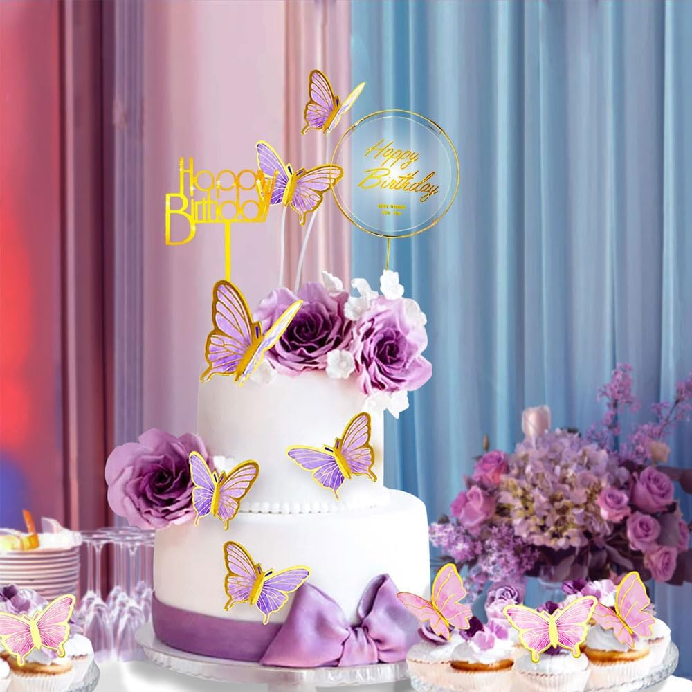 22 Pieces Cake Decorating Butterfly Toppers, Cake Topper with Happy Birthday and 3D Butterfly Cake Toppers,Suitable for Wedding Cake Topper,(Purple, Pink) image number 3