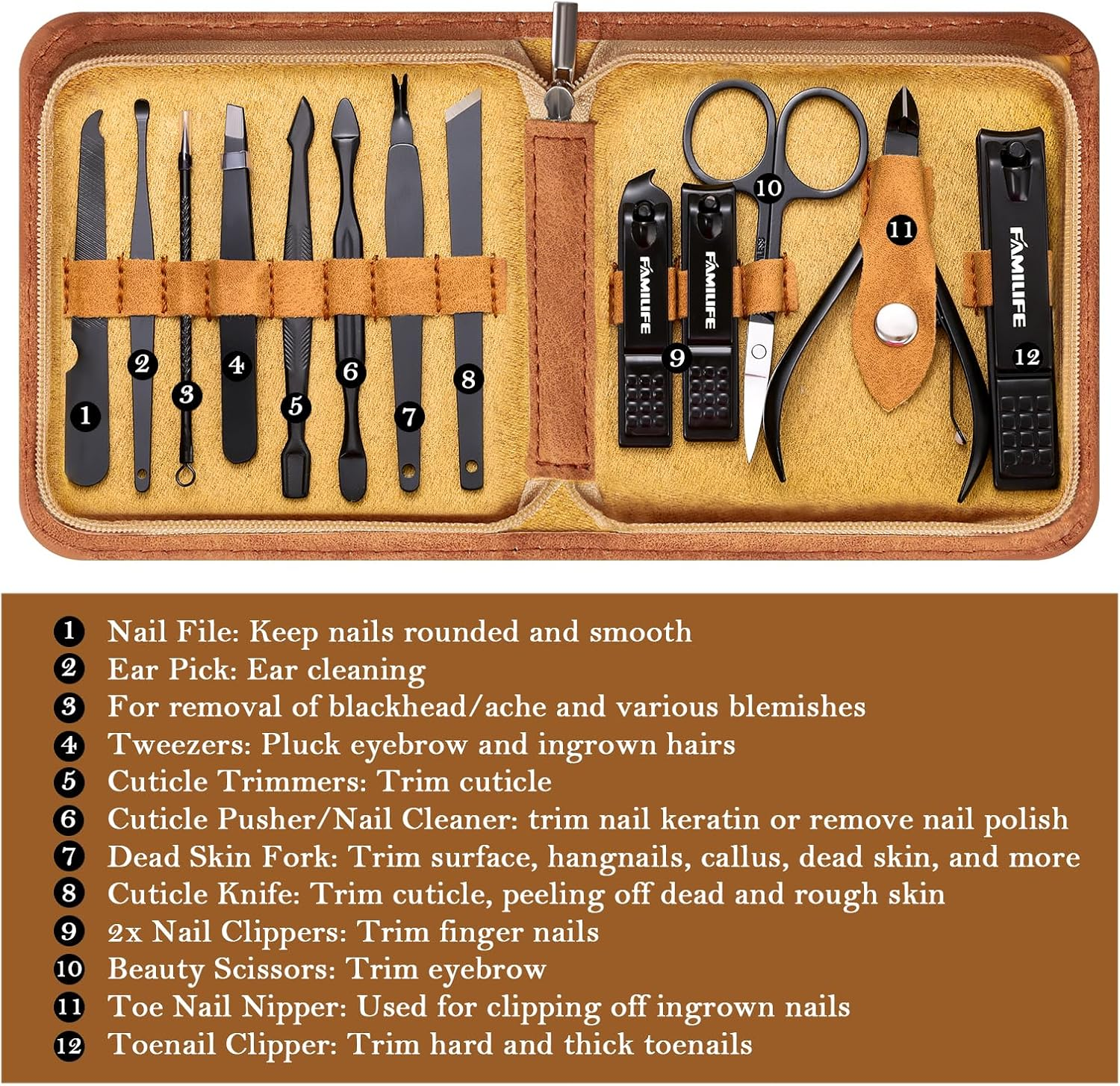 FAMILIFE Manicure Set, Professional Manicure Kit Nail Clipper Set Stainless Steel Pedicure Tools Kit with Leather Travel Case for Women Girl Men (Brown) - Brown image number 5