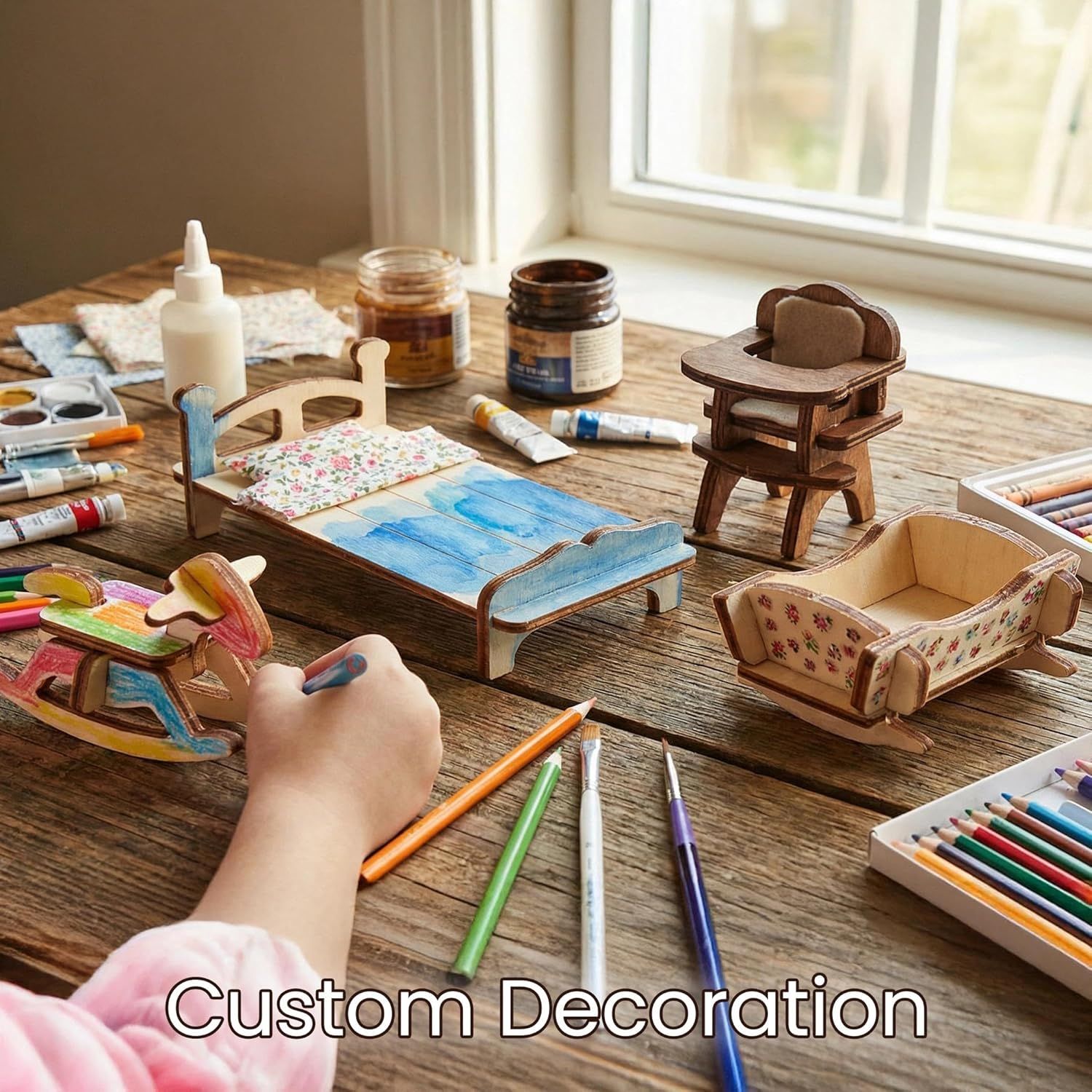 BOHS 34-Piece Dollhouse Furniture Set - Laser Cut Wooden 3D Puzzles - Miniature Doll House DIY Models and Accessories image number 6