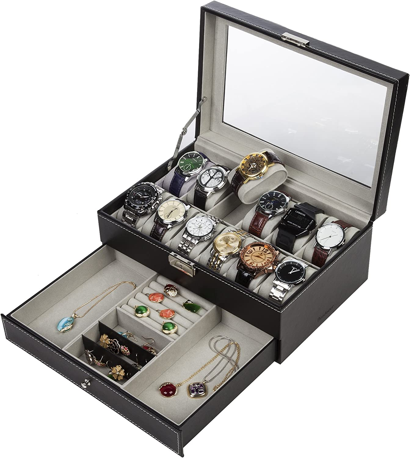 Readaeer Black Leather Watch Box Jewelry Display Case with Drawers, Jewelry Box (12 Slots with 2 Layers) image number 6