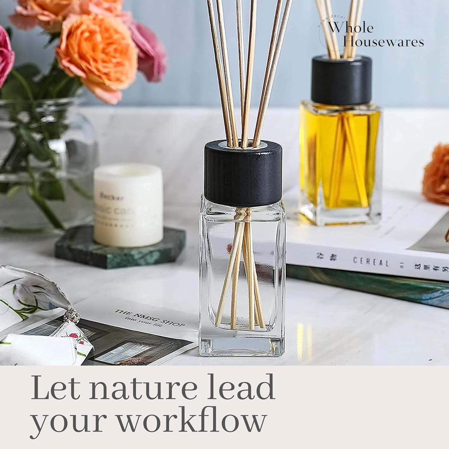 Whole Housewares 100ML 3.4Ounce Clear Glass Diffuser Bottles with 24Pcs Natural Reed Sticks, 4.7" H Square Diffuser Bottle with Black Wood Caps, Set of 4 image number 5